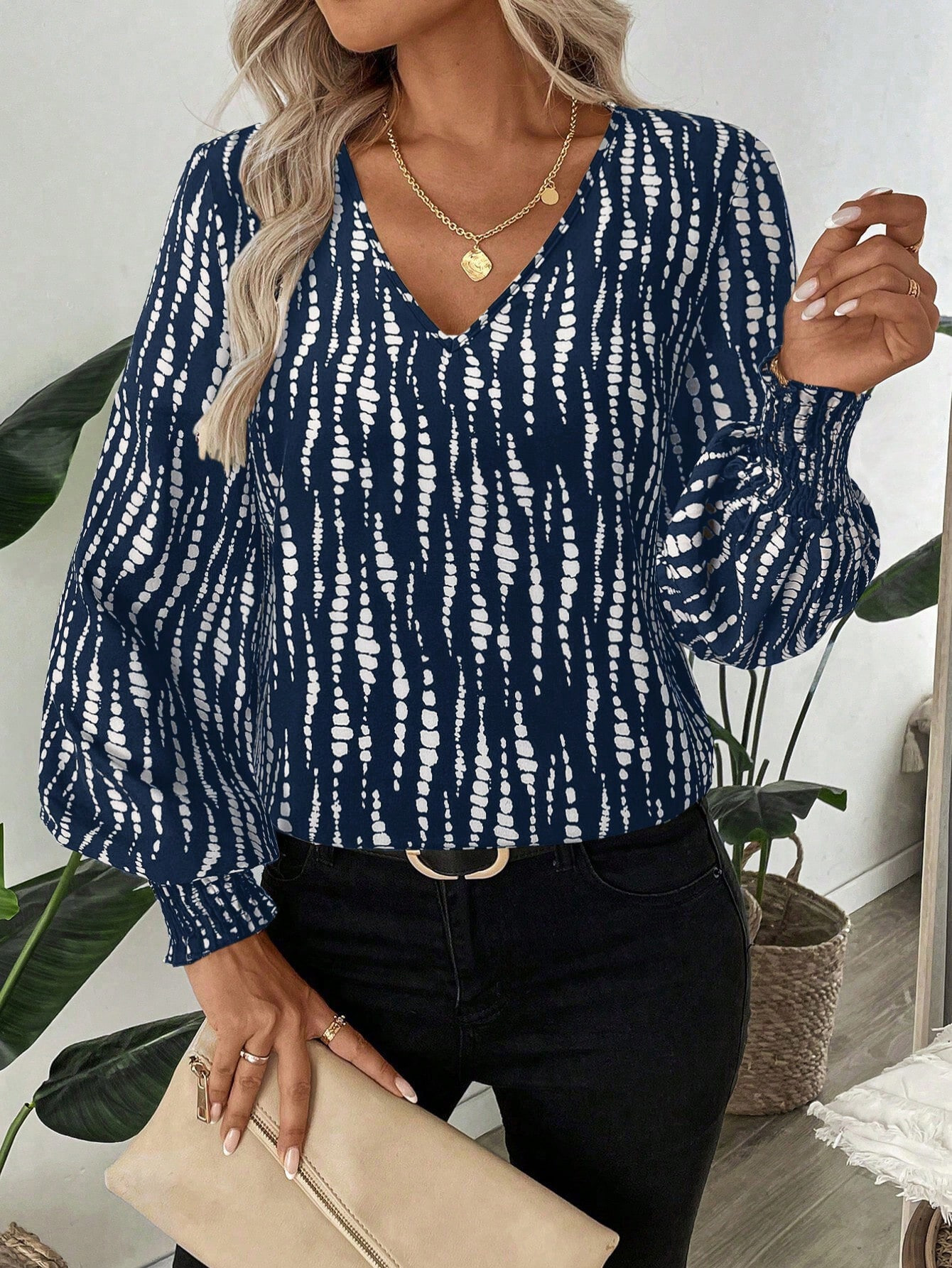 TK Blusa De Manga Larga Plegable Para Mujer Moda Otoño 2025 Casual Suéter Elegante Con Cuello En V Y Mangas Lanternas Talla Regular