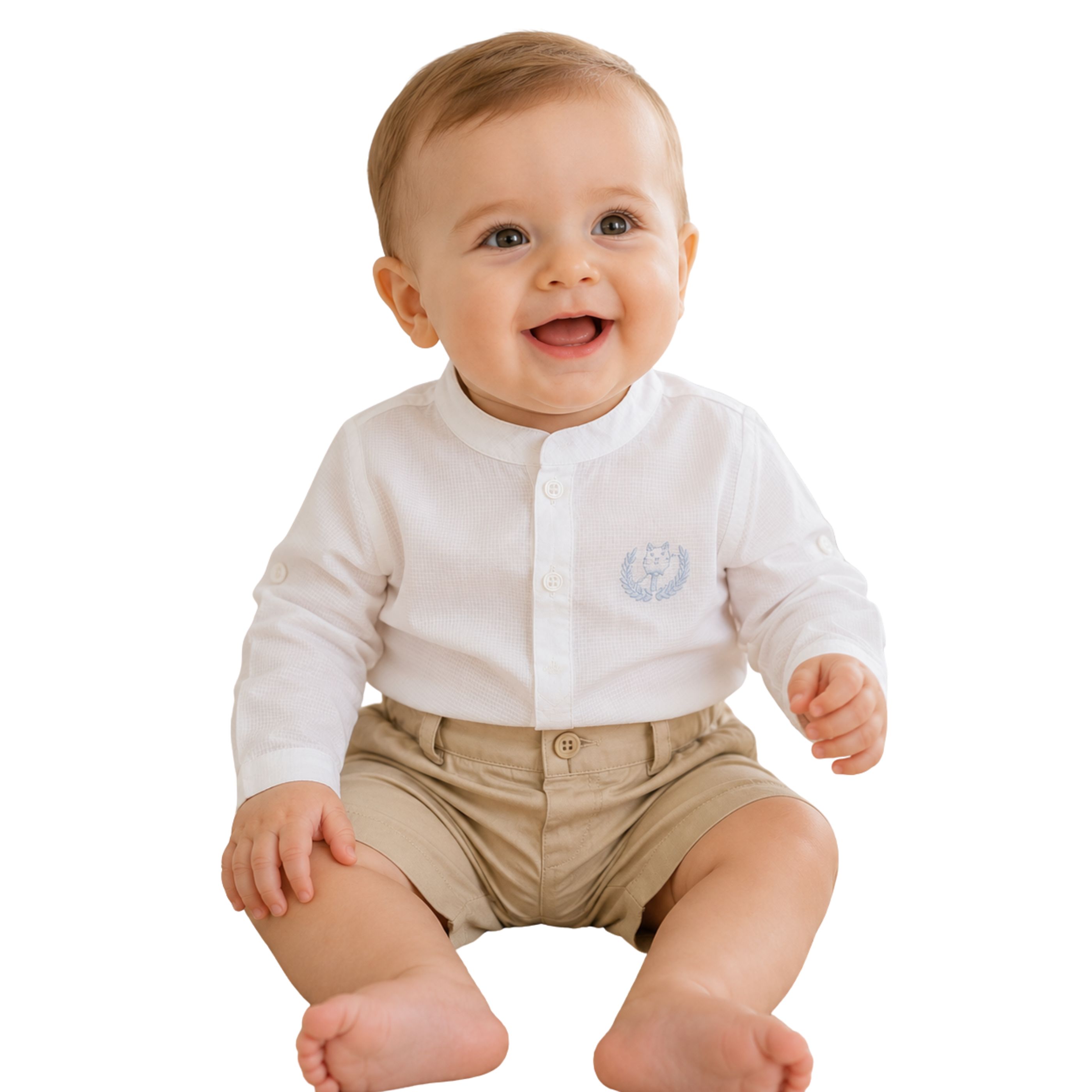 Conjunto de bebé camisa blanca manga larga y pantalón corto beige de algodón 100% Set 2 piezas para bebé para boda, bautizo o comunión