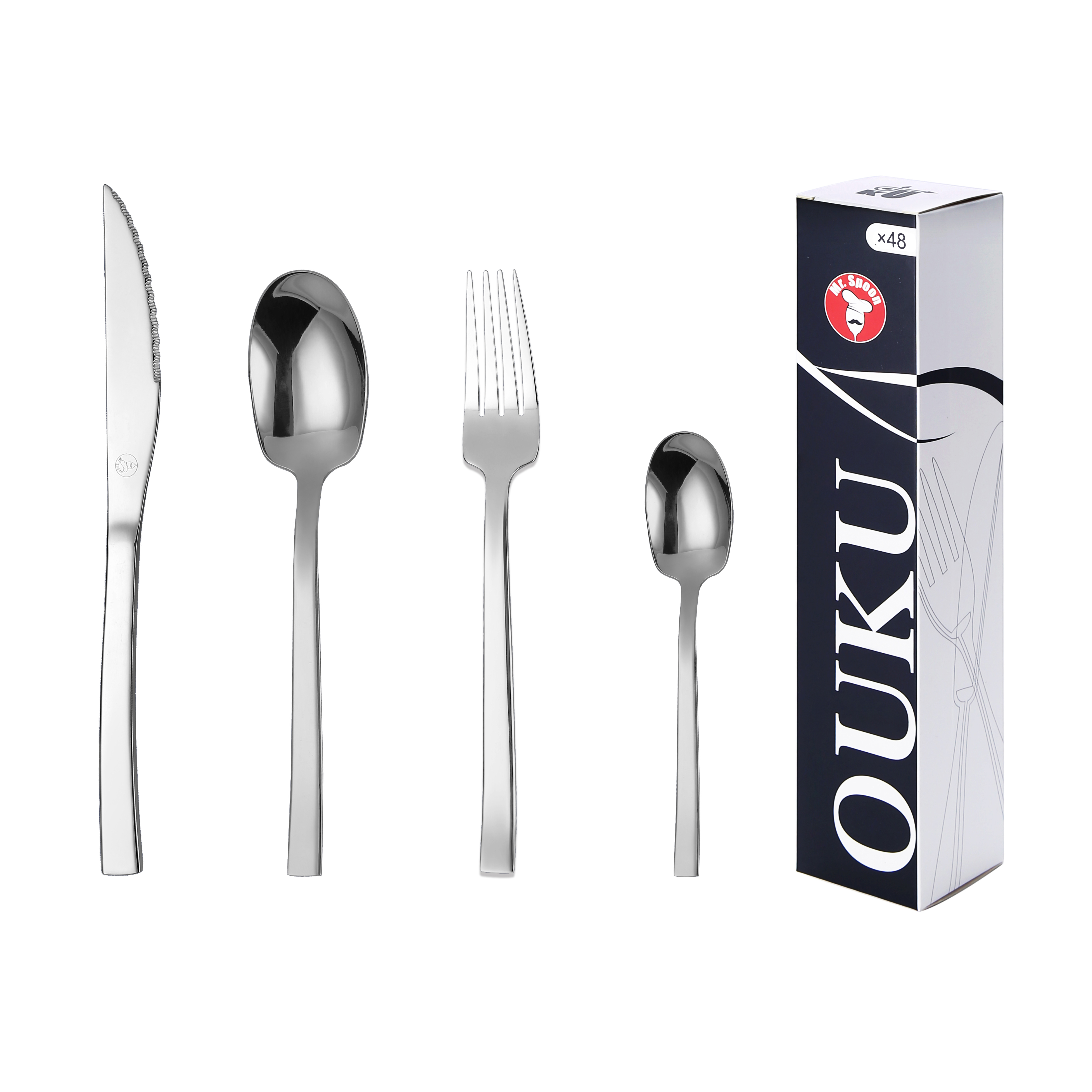 Mr.Spoon Serie Pala Juego de 24 o 48 piezas cubiertos,Acero Inoxidable 18/0,Económico y funcional,Incluye cuchillo de carne o mesa,tenedor,cuchara,cucharilla,Mango monobloque,Apto para lavavajillas,Empaque ecológico,Ideal para casa,hotel,restaurante,90402
