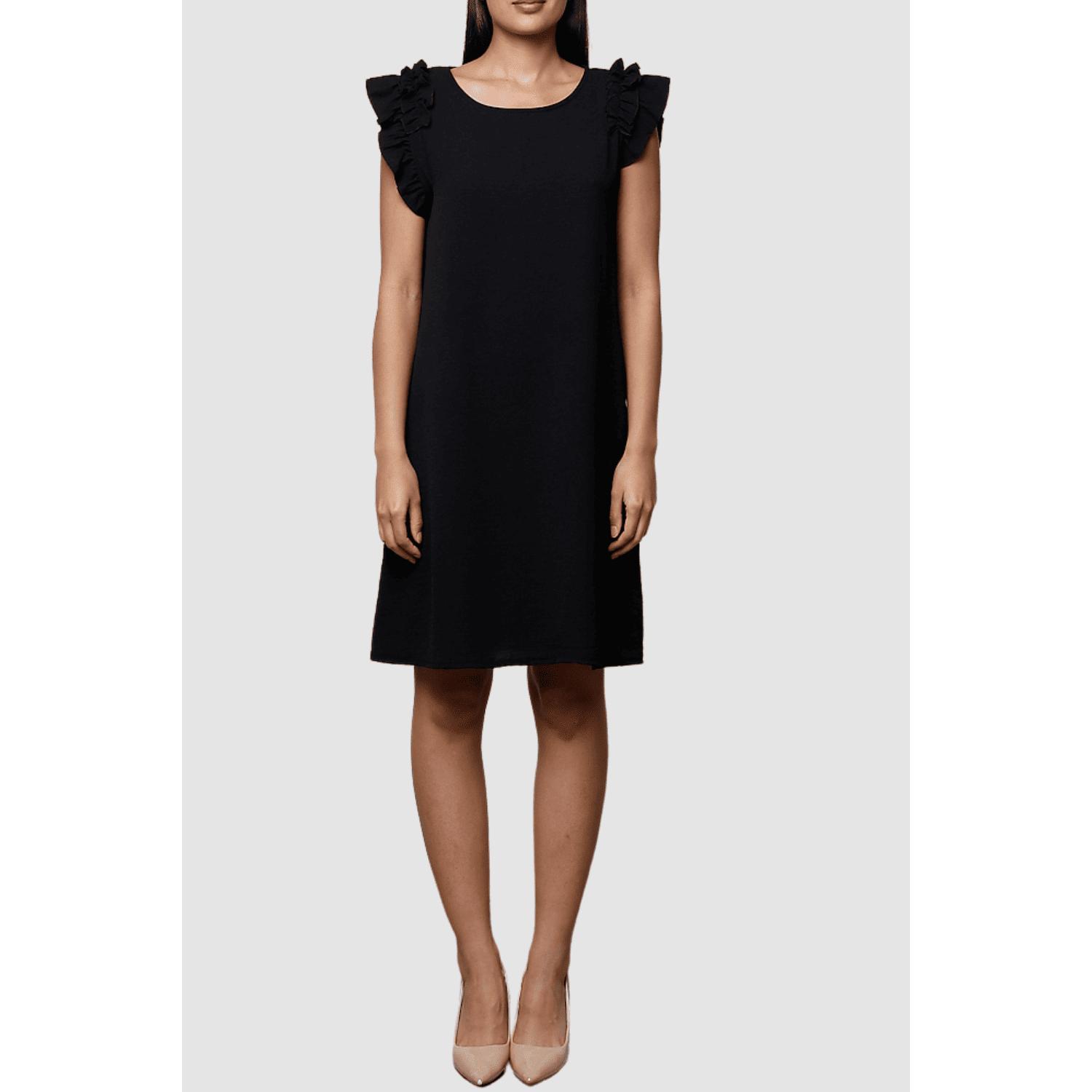 Vestido mujer, dress, outfit, diseño liso, volantes en hombros, manga corta, cuello redondo, corte recto, estilo casual elegante, tejido poliéster cómodo, color negro, talla única TU, look versátil diario o eventos ✅Entrega 24/48h