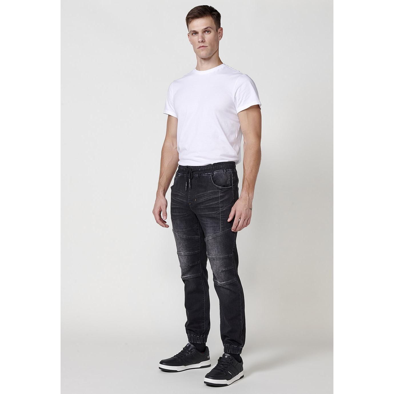 Koroshi - Pantalón jogger vaquero para hombre con cintura elástica y cordón ajustable, 75% algodón + 24% poliéster + 1% elastano, estilo urbano casual