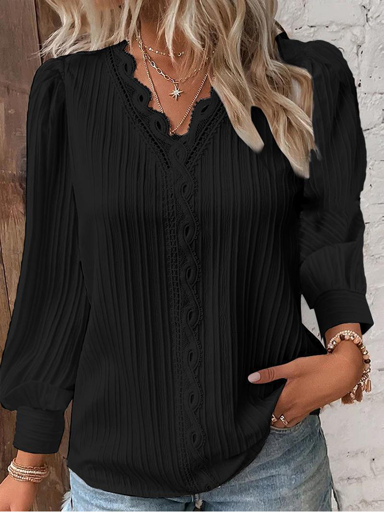 MOV Blusa Elegante De Mujer En Chiffón Negro Con Detalles De Encaje Y Manga Flare Diseño Vacío Y Sencillo Para Oficina