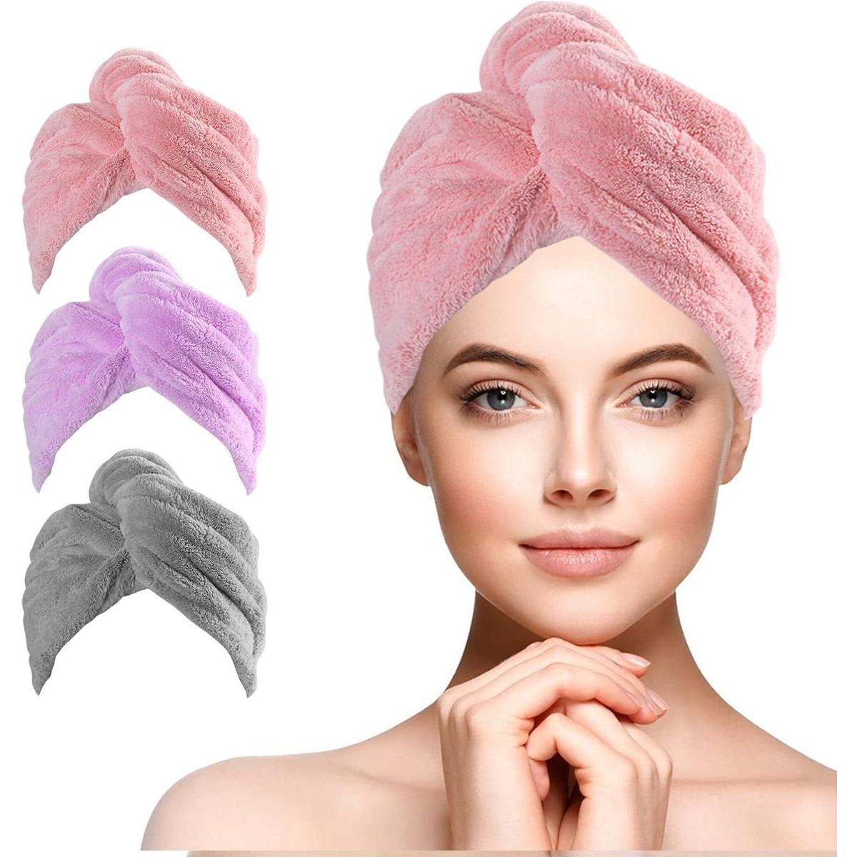 Set van 3 microvezel handdoeken, zeer absorberend, geschikt voor alle haartypes, met knopen voor snel drogen, 65 x 25 cm, kleur 7