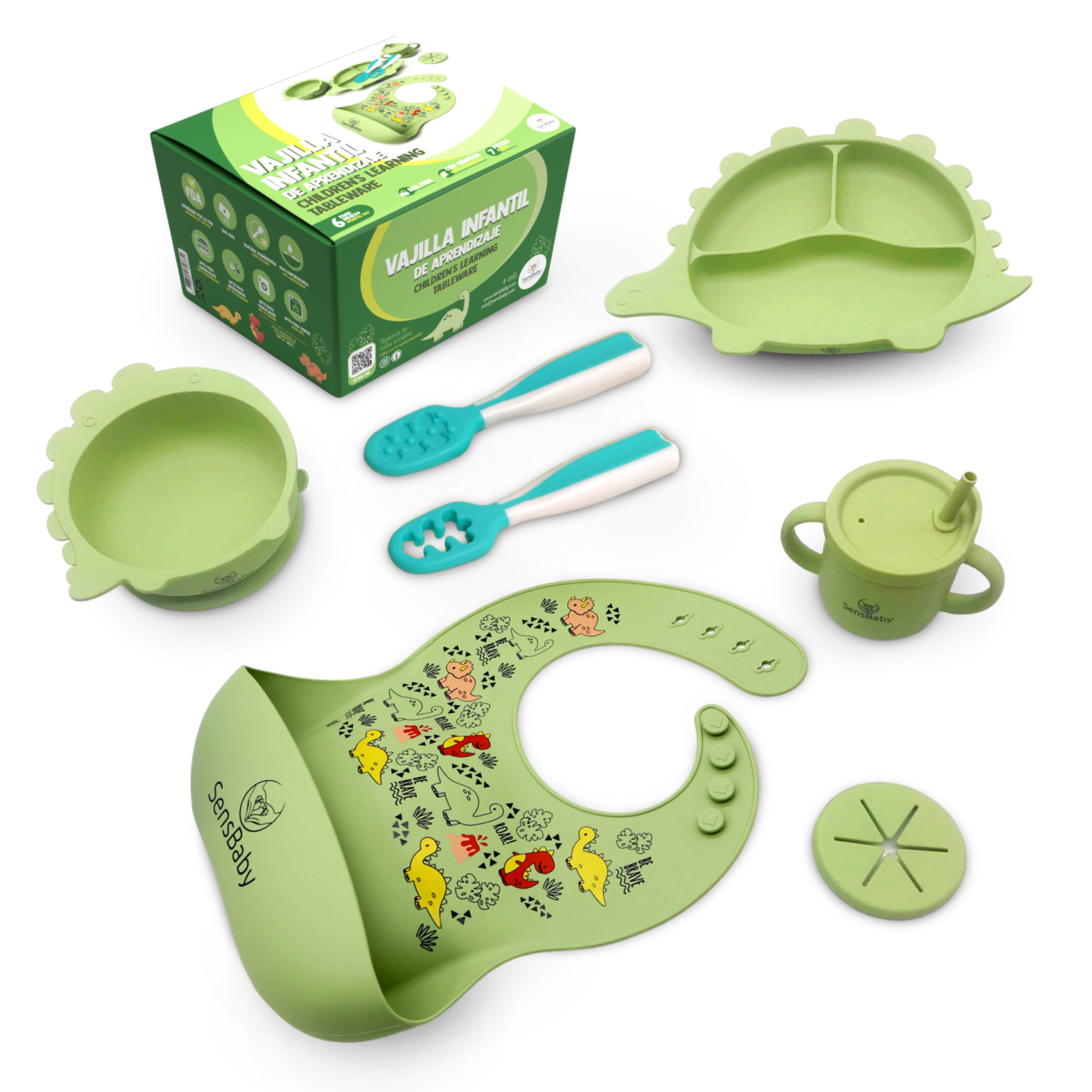 Vajilla Bebe Silicona - Utensilios para la alimentación, Cuchara Silicona Bebe, Platos Vajilla, Vaso Antiderrame Bebe, Baberos, Perfecto Como Regalos Para Bebes Recien Nacidos, Edad 0-6 Años Vajilla De Silicona Con Ventosa Para Bebes, Blw, SENSBABY