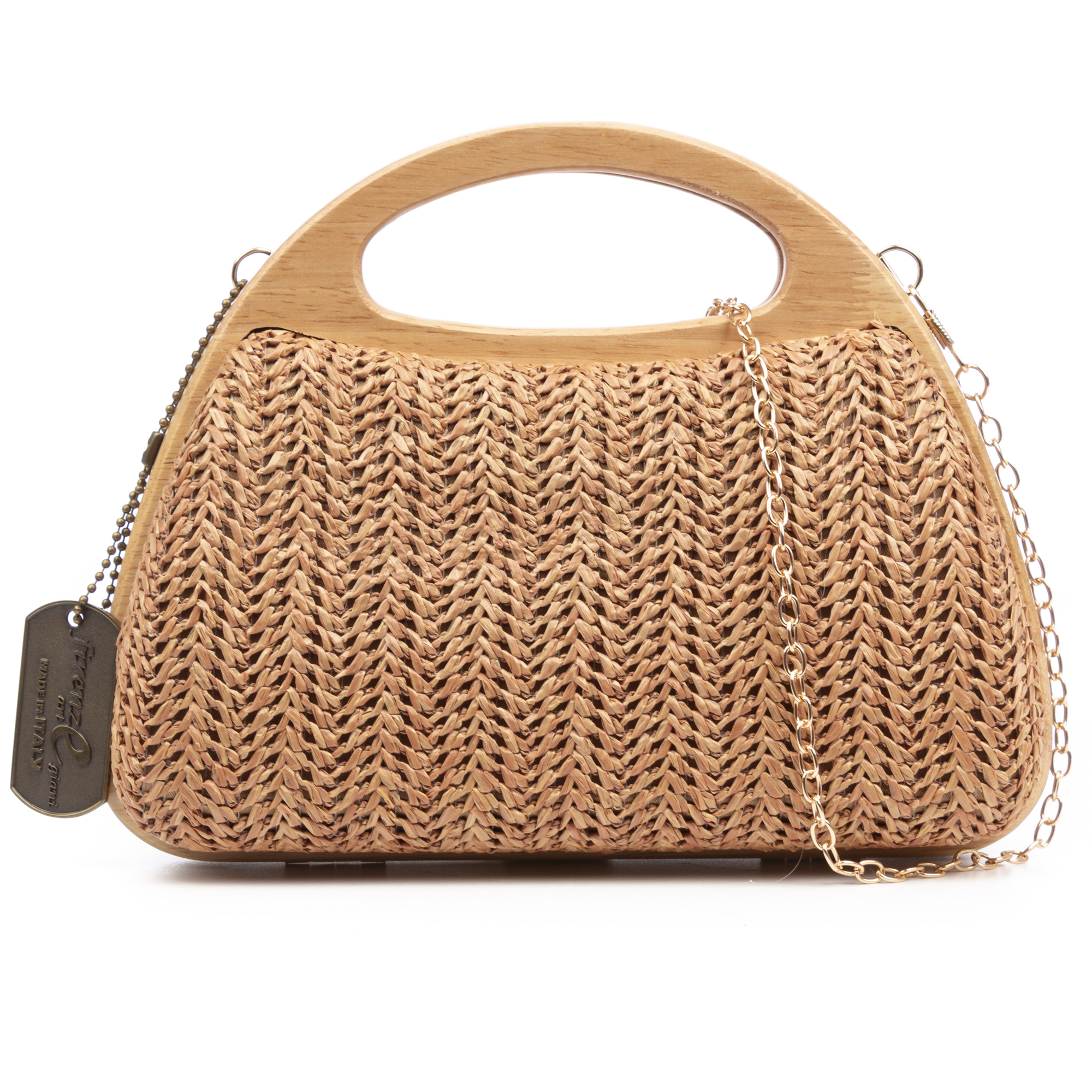 FIRENZE ARTEGIANI Bella Bolso bandolera Mujer. Fabricado en madera natural y paja trenzada. Fabricado en China 22x8,5x12 Cm.