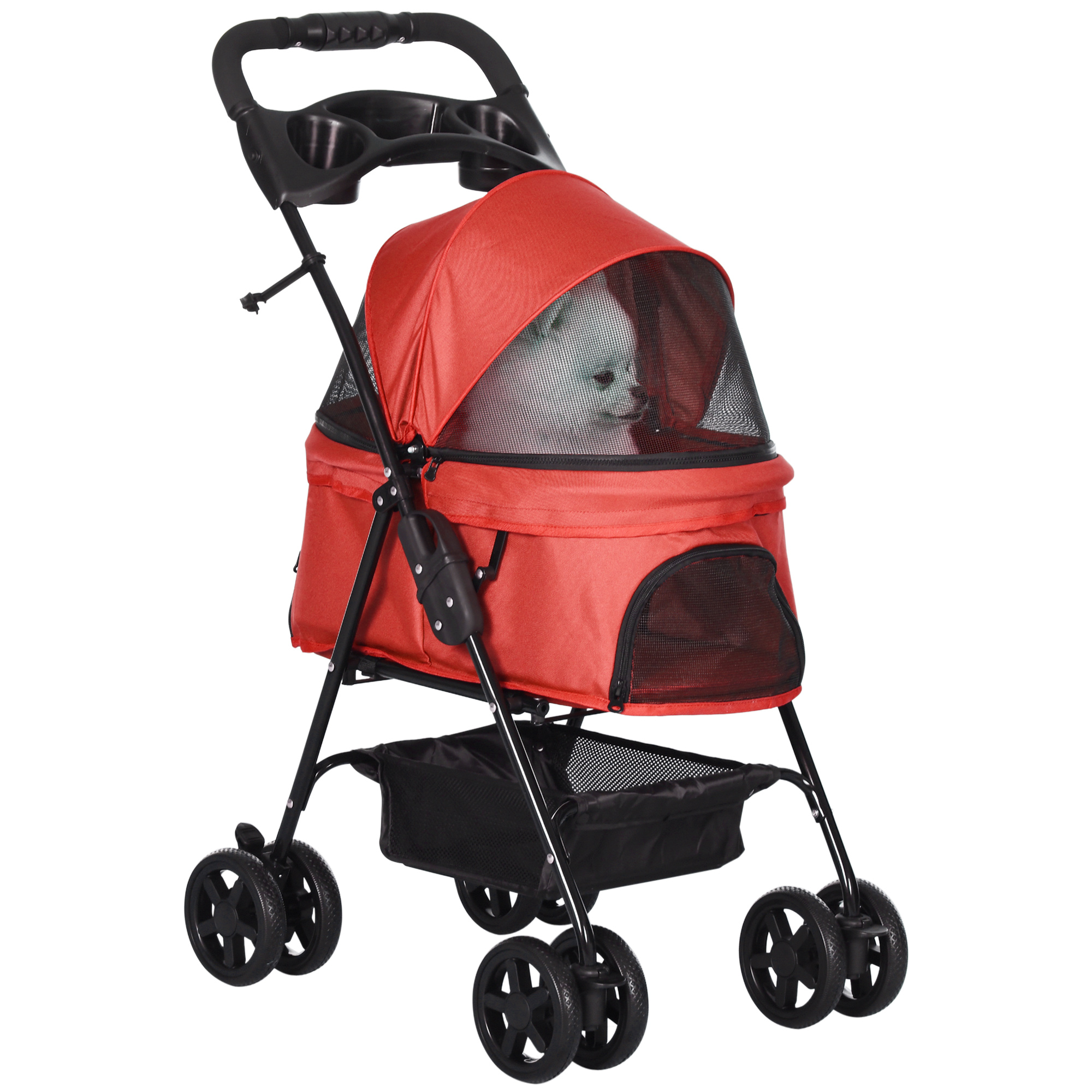 PawHut Cochecito para Perros Plegable, Carrito para Perros Pequeños de 4 Ruedas de EVA, Giratorio y Freno, Cesta, Correas de Seguridad, Capota Ajustable, Portavasos y Ventana, 67x45x96 cm, Gris