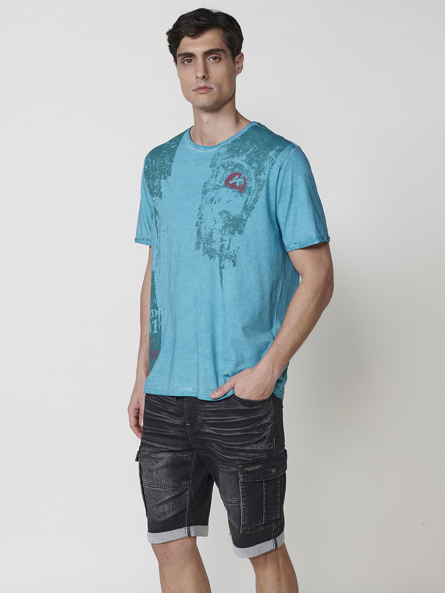 Koroshi - Camiseta hombre estampada cuello redondo de 100% algodón suave y transpirable en tono menta para looks frescos de primavera y verano