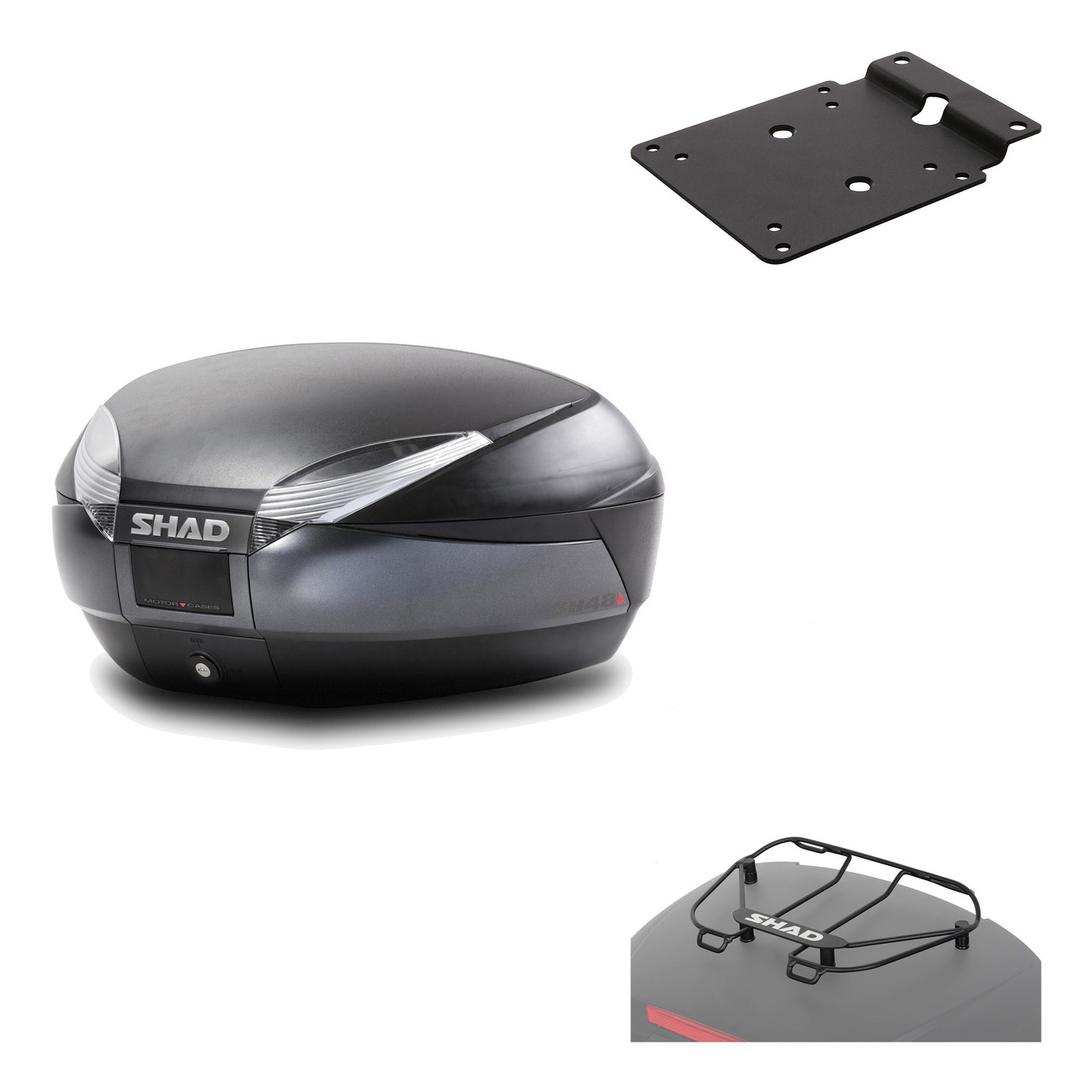 Baul Trasero + Herraje Montaje + Parrilla Portabultos Sh48 Dark Grey Premium KIT-189822