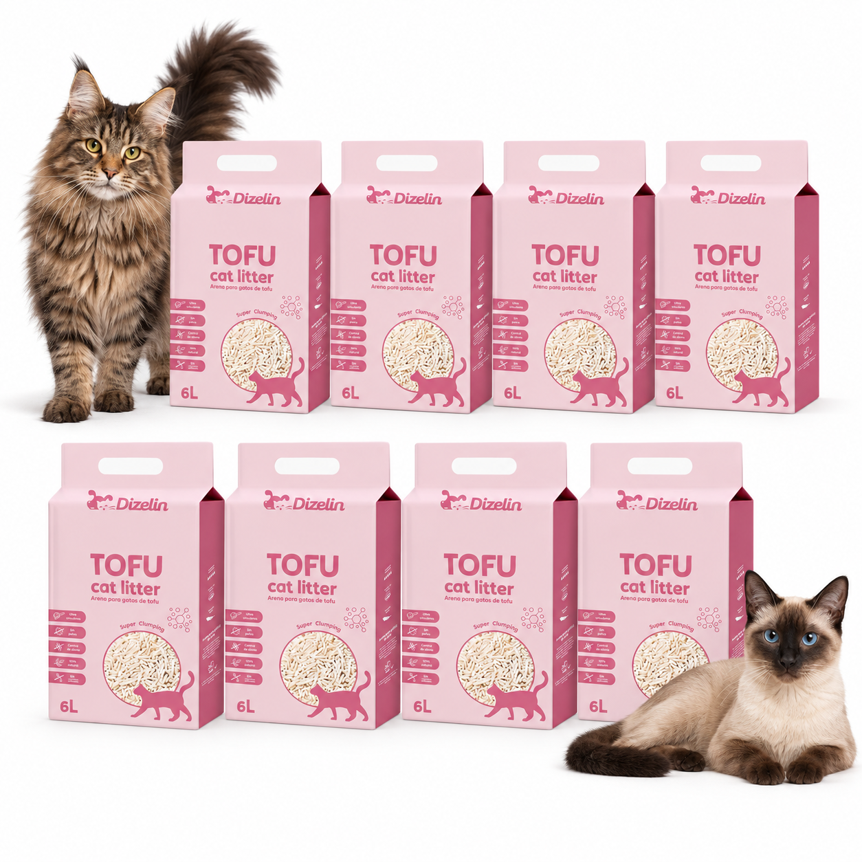 Dizelin - Arena de tofu aglomerante para gatos, sin polvo y control de olores, 6 L por bolsa, pack de 2/4/8, 5 variedades (Original, Limón, Lavanda, Maíz, Té Verde)