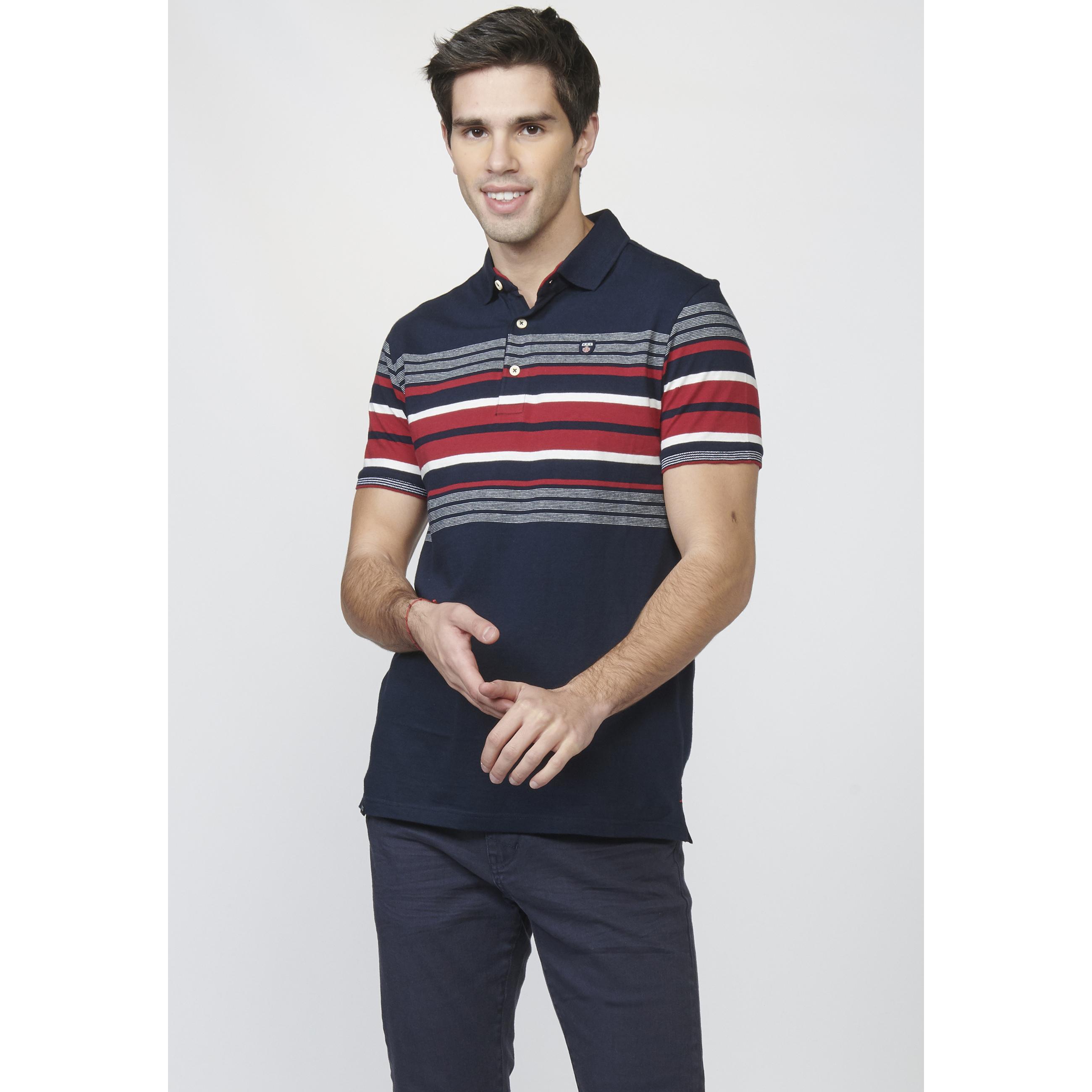 Koroshi - Polo hombre manga corta 100% algodón con diseño de rayas en pecho azul marino y logo bordado