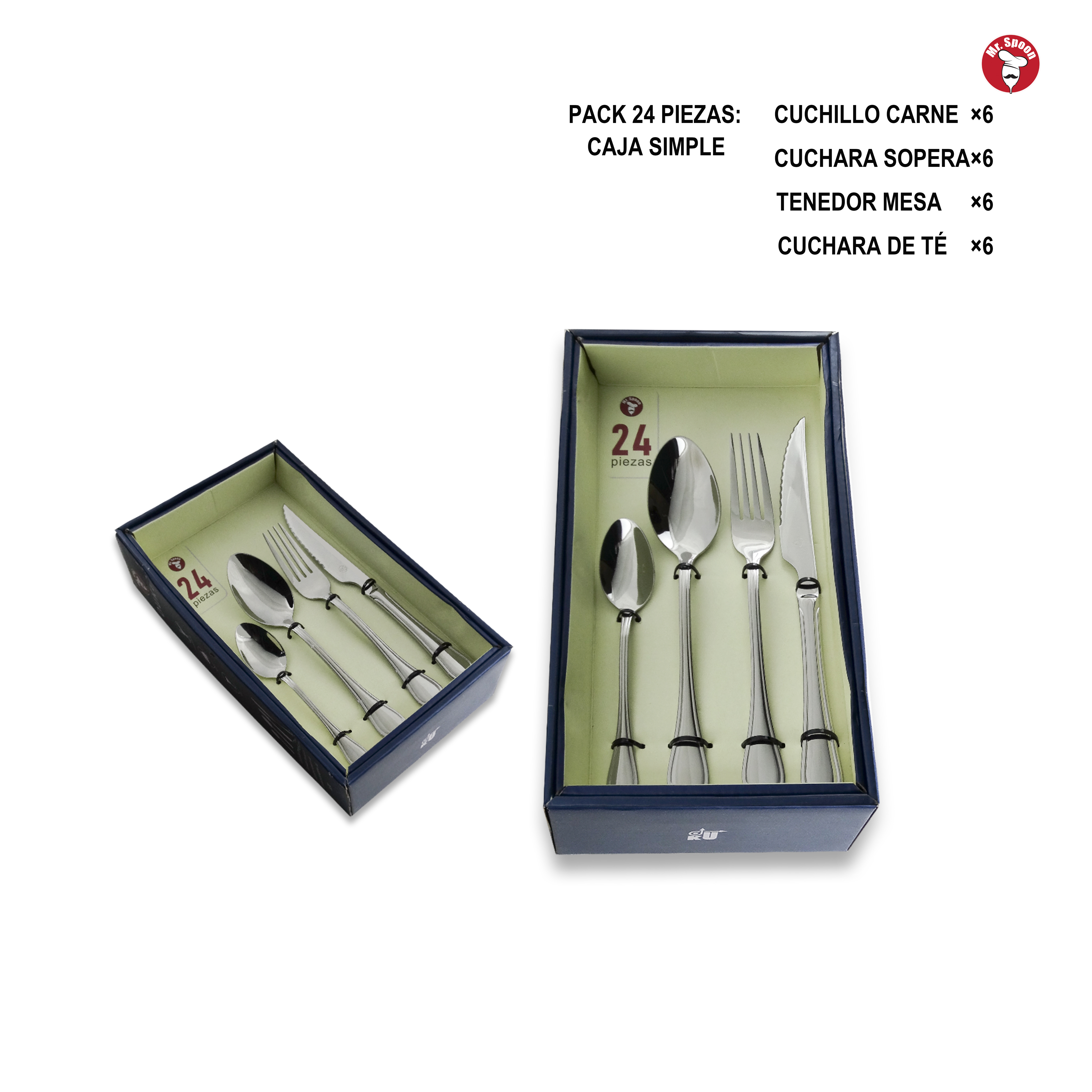 Mr.Spoon Serie Raya Juego de 24 o 48 piezas cubiertos,Acero Inoxidable 18/0,Económico y funcional,Incluye cuchillo de carne o mesa,tenedor,cuchara,cucharilla,Mango monobloque,Apto para lavavajillas,Empaque ecológico,Ideal para casa,hotel,restaurante