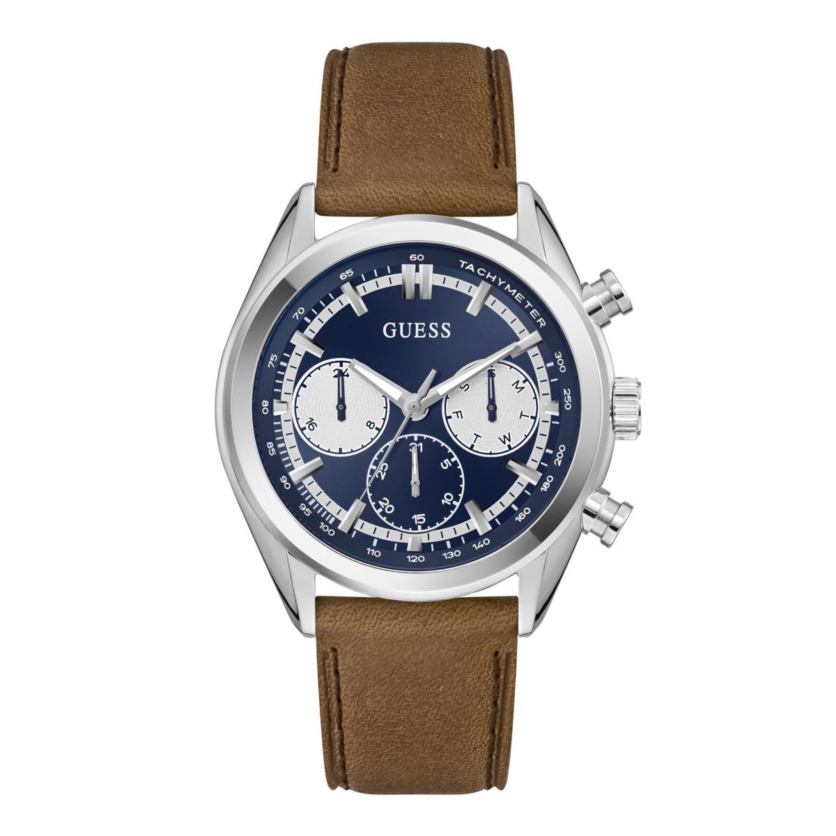 Guess Reloj Hombre Caja De Acero Reciclado Pulsera Genuine Leather De Color Marrón Resistente Al Agua 5 Atm Gw0972g1