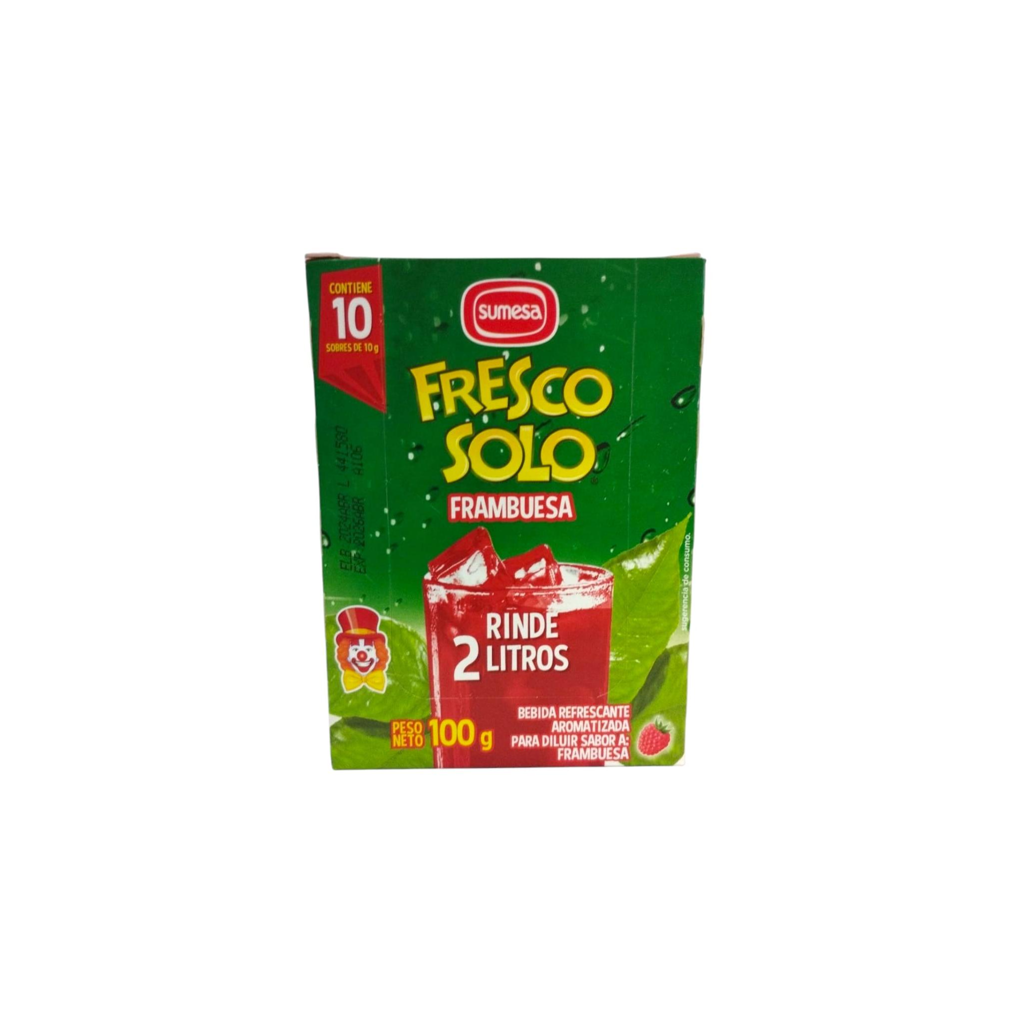 FRESCO SOLO - FRAMBUESA - FRESCO SOLO - SUMESA - BEBIDA REFRESCANTE AROMATIZADA PARA DILUIR SABOR A FRAMBUESA - CAJA DE 100 GRAMOS - CONTIENE 10 SOBRES DE 10 GRAMOS CADA UNO
