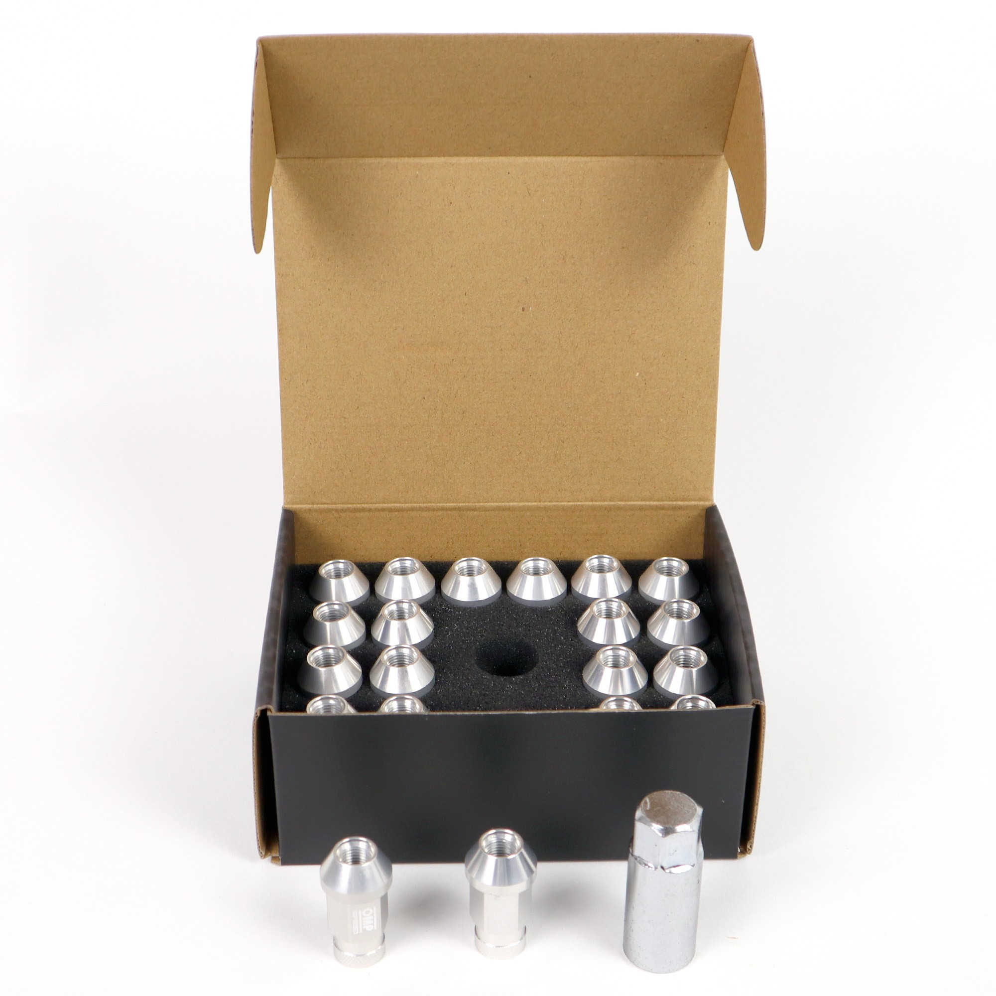 OMP SPEED JUEGO DE 20 TUERCAS DE ALUMINIO M14X1.5 LLAVE DE 19 LARGO 40MM COLOR PLATA DE ALUMINIO 7075