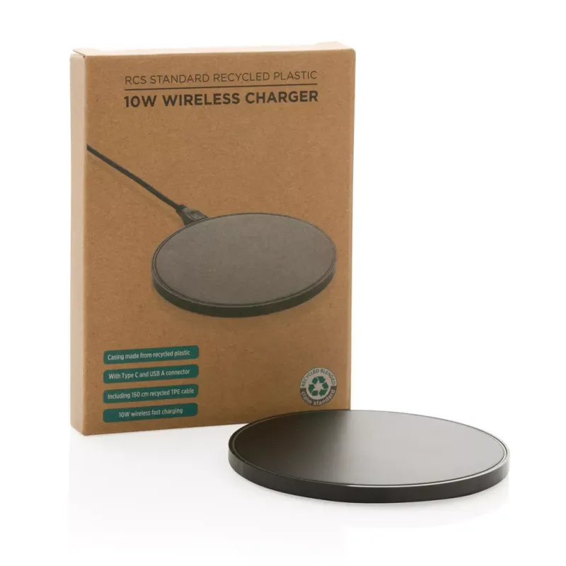 XD Collection - Cargador inalámbrico de sobremesa 10 W P308.661 de ABS reciclado con cable USB-A y USB-C de 150 cm, negro
