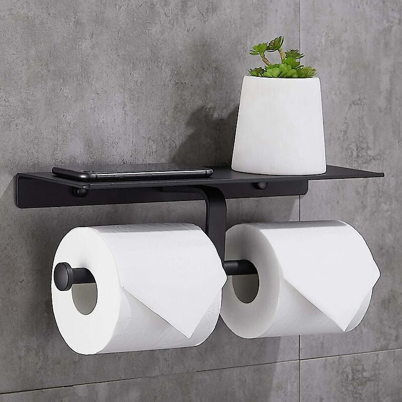 CA Caja de pañuelos de aluminio con doble varilla para inodoro sin perforaciones, portarrollos negro de doble uso sin perforaciones