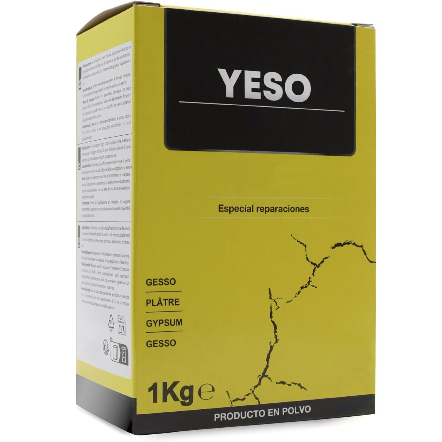 Pack 2 Yeso en Polvo Blanco 1 Kg – Pasta para Reparar Grietas y Agujeros – Preparación con Agua – Ideal para Enlucir, Sellar y Rellenar Paredes y Techos – Uso en Ladrillo, Cemento, Hormigón y Pladur – Secado Resistente
