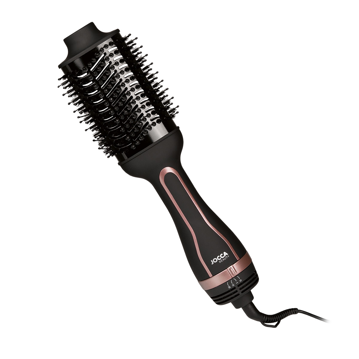 Cepillo secador Jocca con diseño ovalado, tubo de revestimiento de cerámica, tres intensidades de calor, cable giratorio de 360º y mango ergonómico para secar, moldear, rizar, planchar y/o dar volumen.