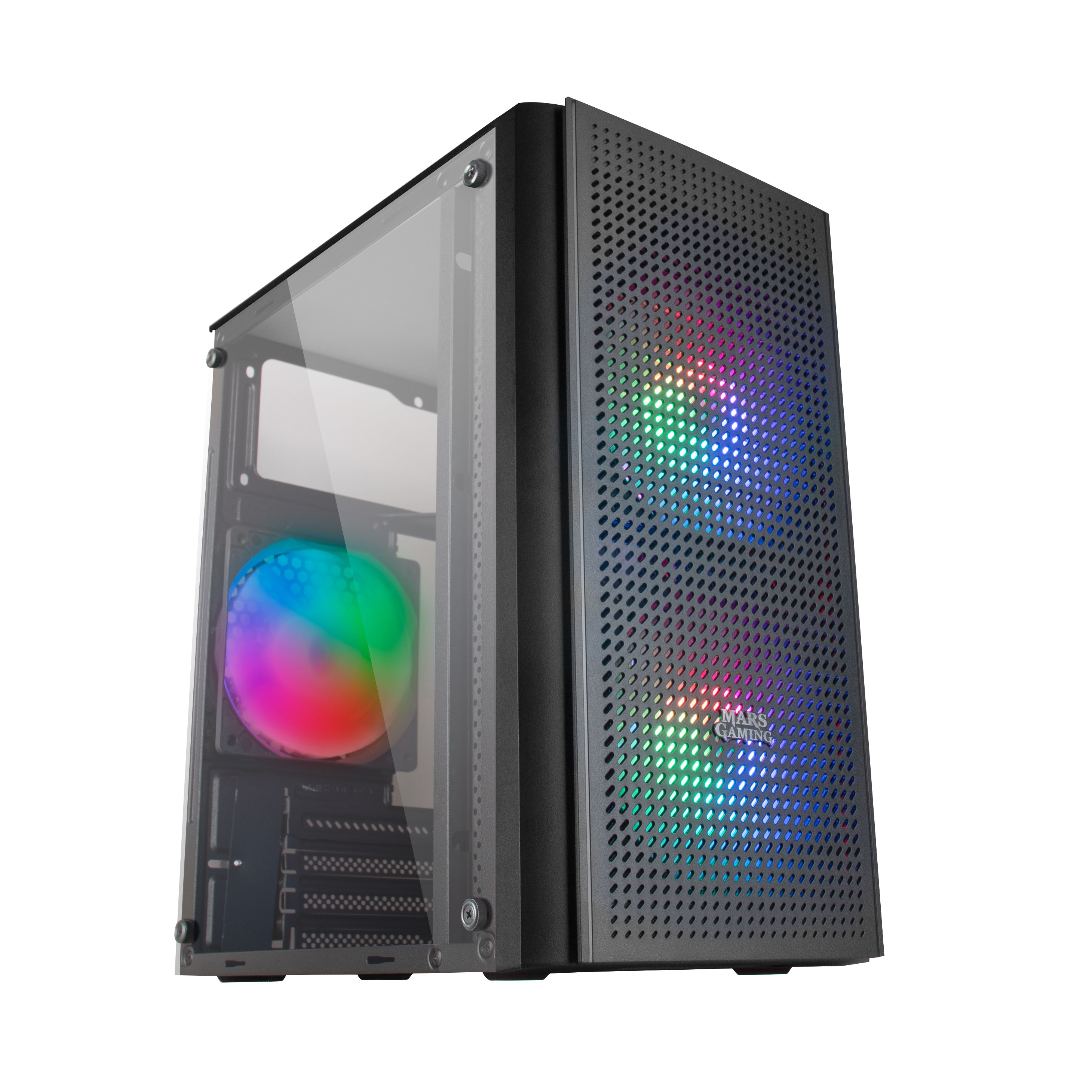 Mars Gaming MC300, Caja PC Compacta Gaming Micro ATX, Panel frontal Total-Mesh, Ventana Lateral Cristal Templado, 3 Ventiladores FRGB 12cm, Caja FRGB Negro, Blanco o Rosa