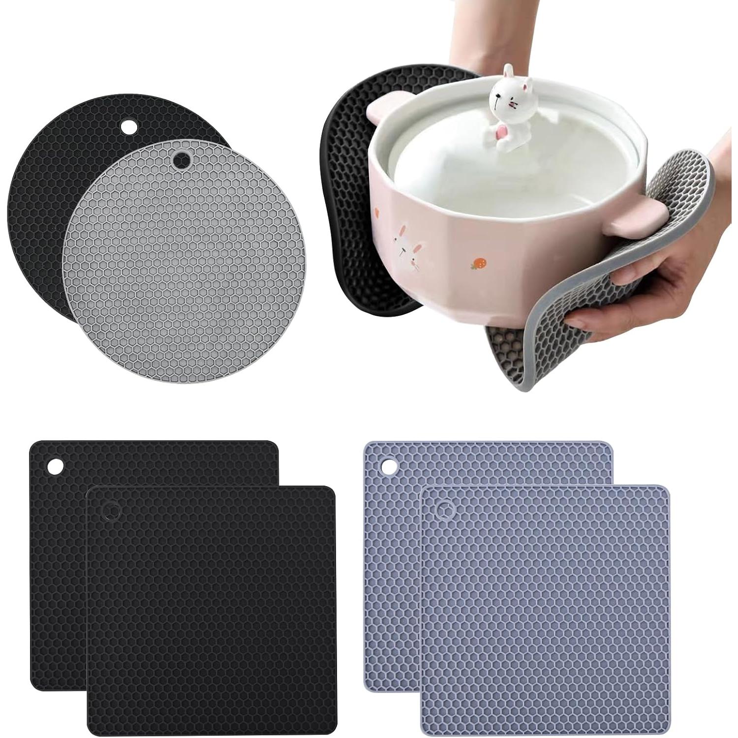 8 Pcs Salvamanteles de Silicona Multiusos Alfombrilla Resistente al Calor Redondo Salvamantel Antideslizante Cuadrada Salvamanteles Silicona para Ollas Caliente, Resistente a 240°C, Protector de Sarten y Encimera para Cocina, Mesa de Comedor (Negro y Gris