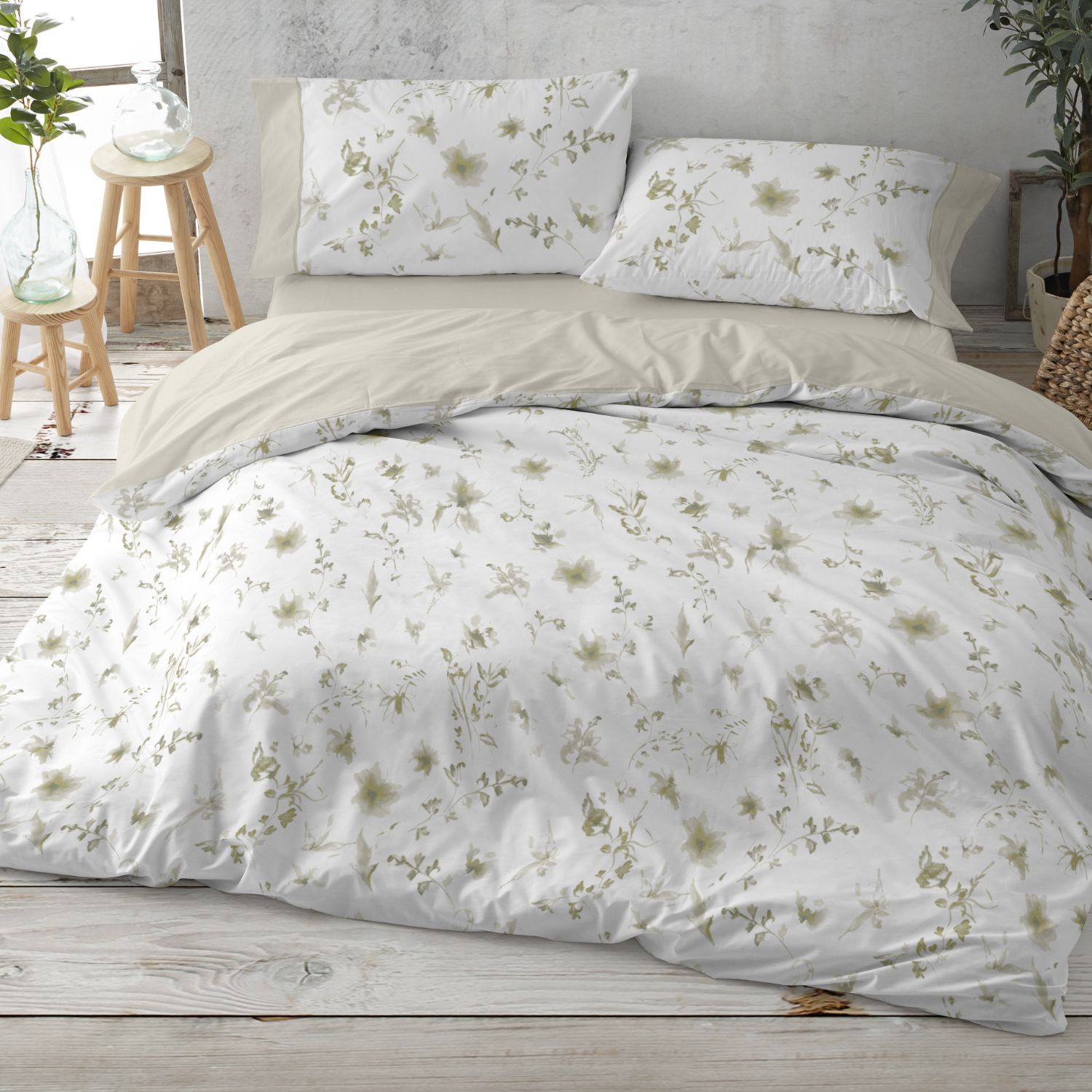 Juego Funda Nórdica Floral 50% Algodón | Tacto Suave | 5 Medidas de Cama | Incluye Sábana Bajera y Fundas - Azul y Salvia