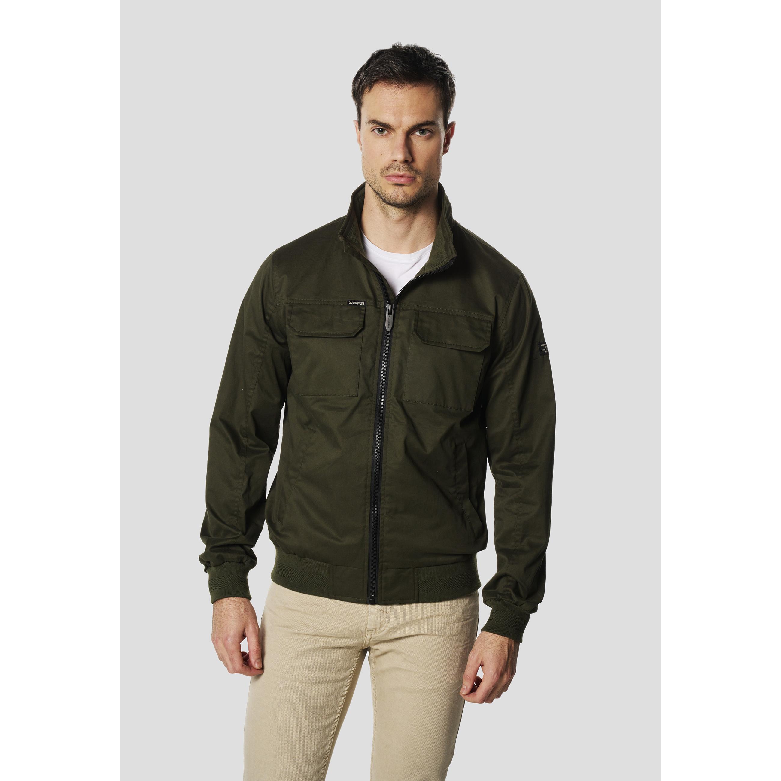 Koroshi - Chaqueta hombre cuello alto de algodón 98% con elastano, cortavientos y forro interior poliéster, verde oscuro