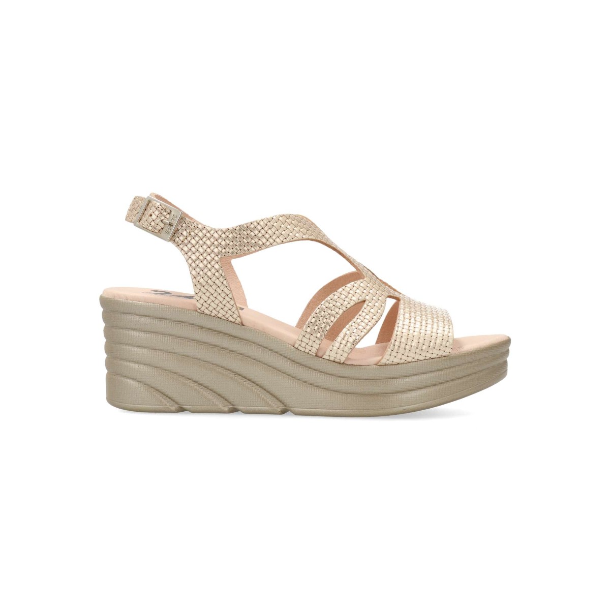 24 HRS - Sandalias de mujer con cuña 6 cm, piel efecto trenzado y planta acolchada, color platino, modelo cómodo y versátil