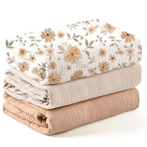 TK Conjunto 3 piezas para bebés: Muselina de algodón 100% suave como la nube, toalla envolvente para recién nacidos + manta de 6 capas, cuidado delicado para niños y niñas