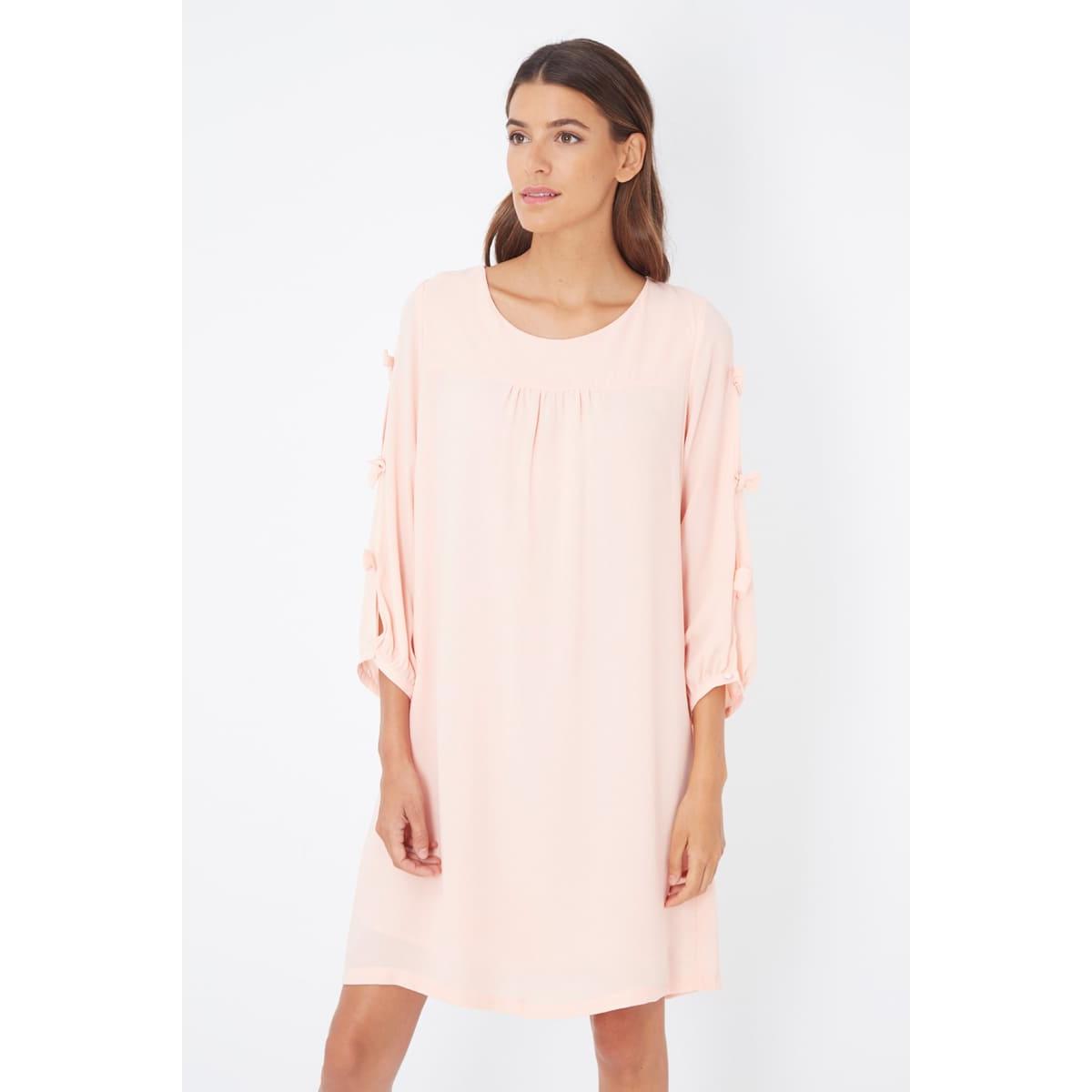 Vestido oversize mujer, dress suelto, manga tres cuartos, pompones decorativos, tejido suave, estilo casual relajado, corte amplio, color rosa palo, talla 38, cómodo y versátil, look femenino fresco ✅Entrega 24/48h