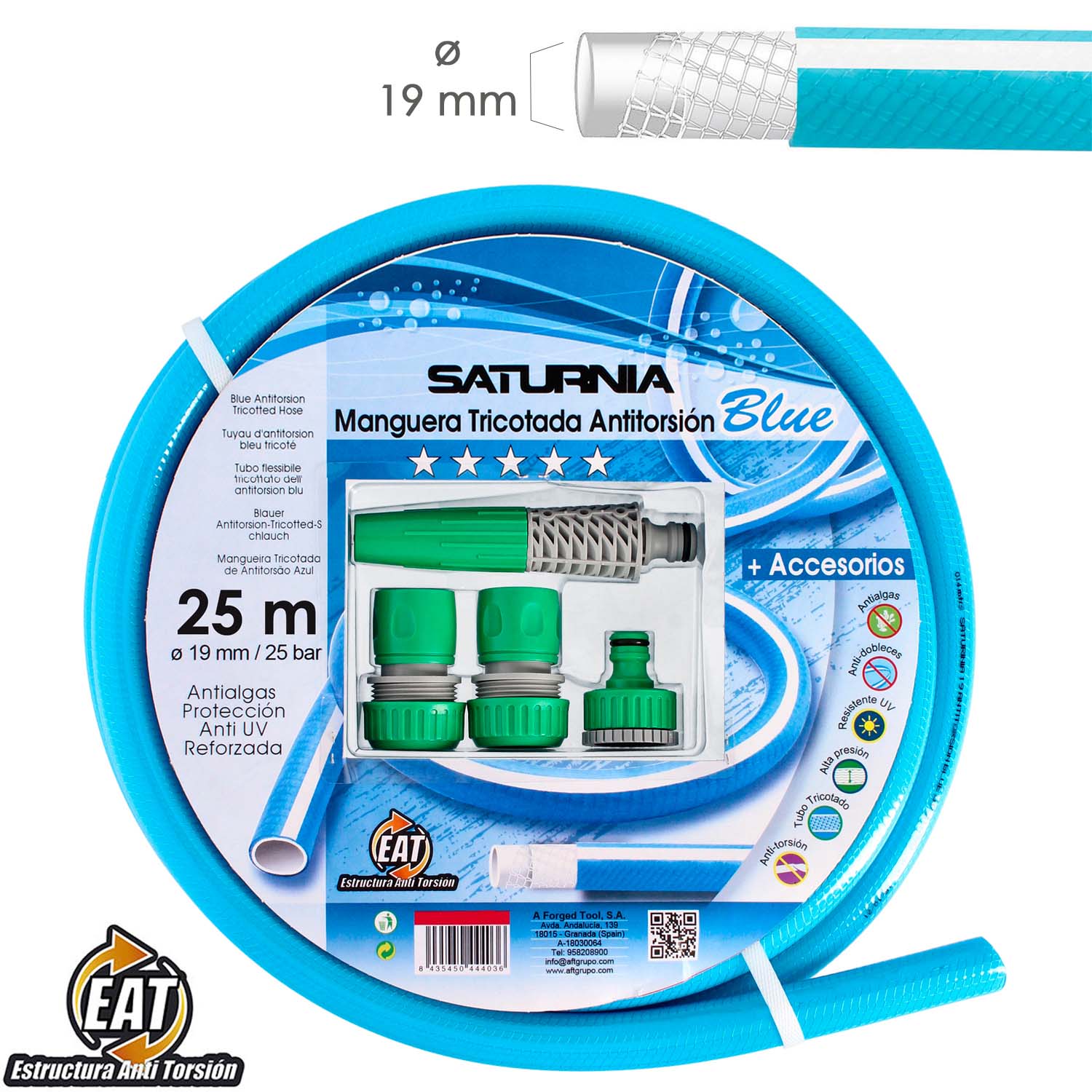 Saturnia SATURNIA Manguera Tricotada No Torsion Blue Ø 19 Mm. Rollo 25 Metros. Accesorios de Riego