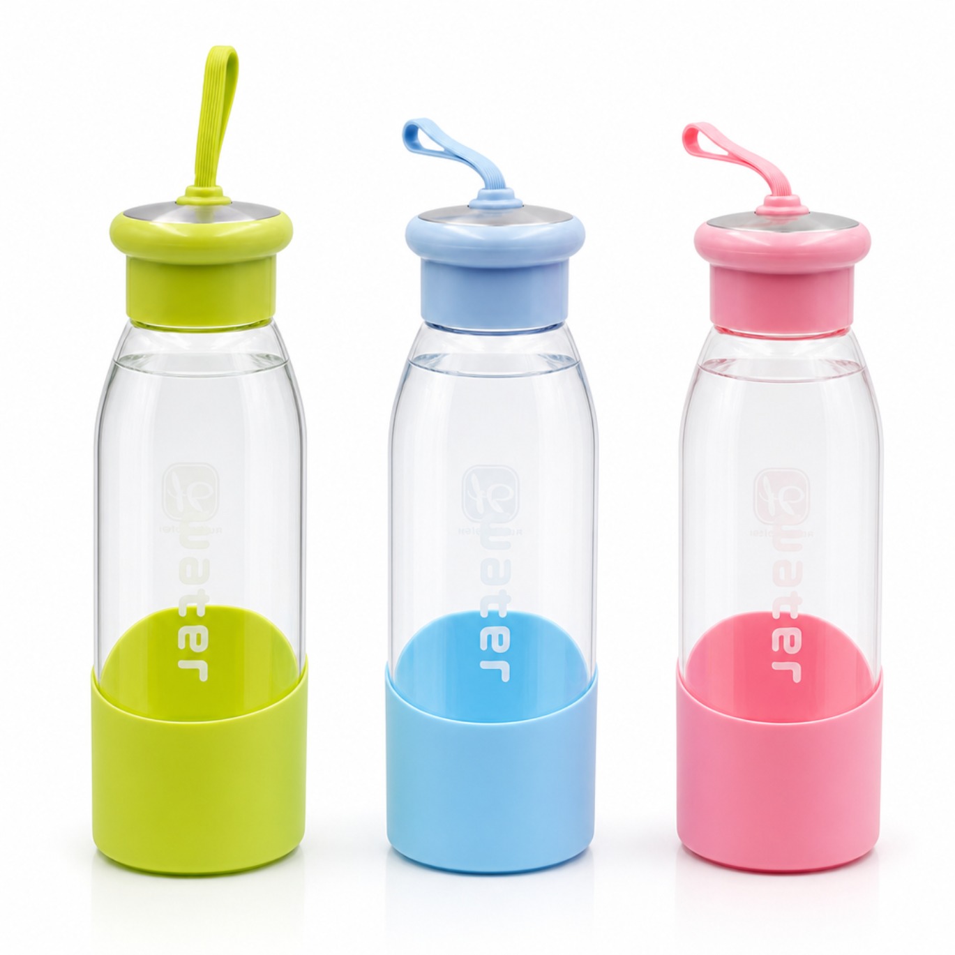 Set de 3 Botellas de Agua de Cristal (420 ml) con Base Protectora de Silicona | Cantimplora de Vidrio Antideslizante con Tapa Hermética y Correa | Botella para Oficina, Gimnasio y Viaje