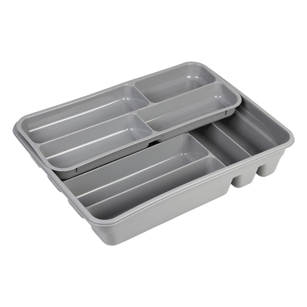 Cubertero De Dos Niveles Para Cajón | Organizador Cubiertos 10 Compartimentos | Bandeja Extraíble | Gris | Polipropileno