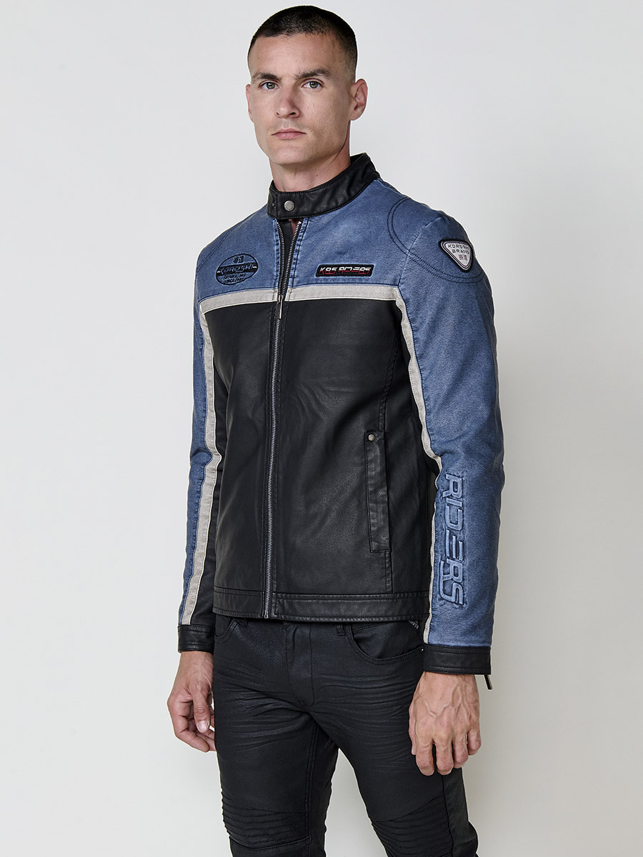 Koroshi - Chaqueta cazadora racing bicolor para hombre con parches bordados, 100% poliéster ligero y resistente, corte ajustado estilo motero