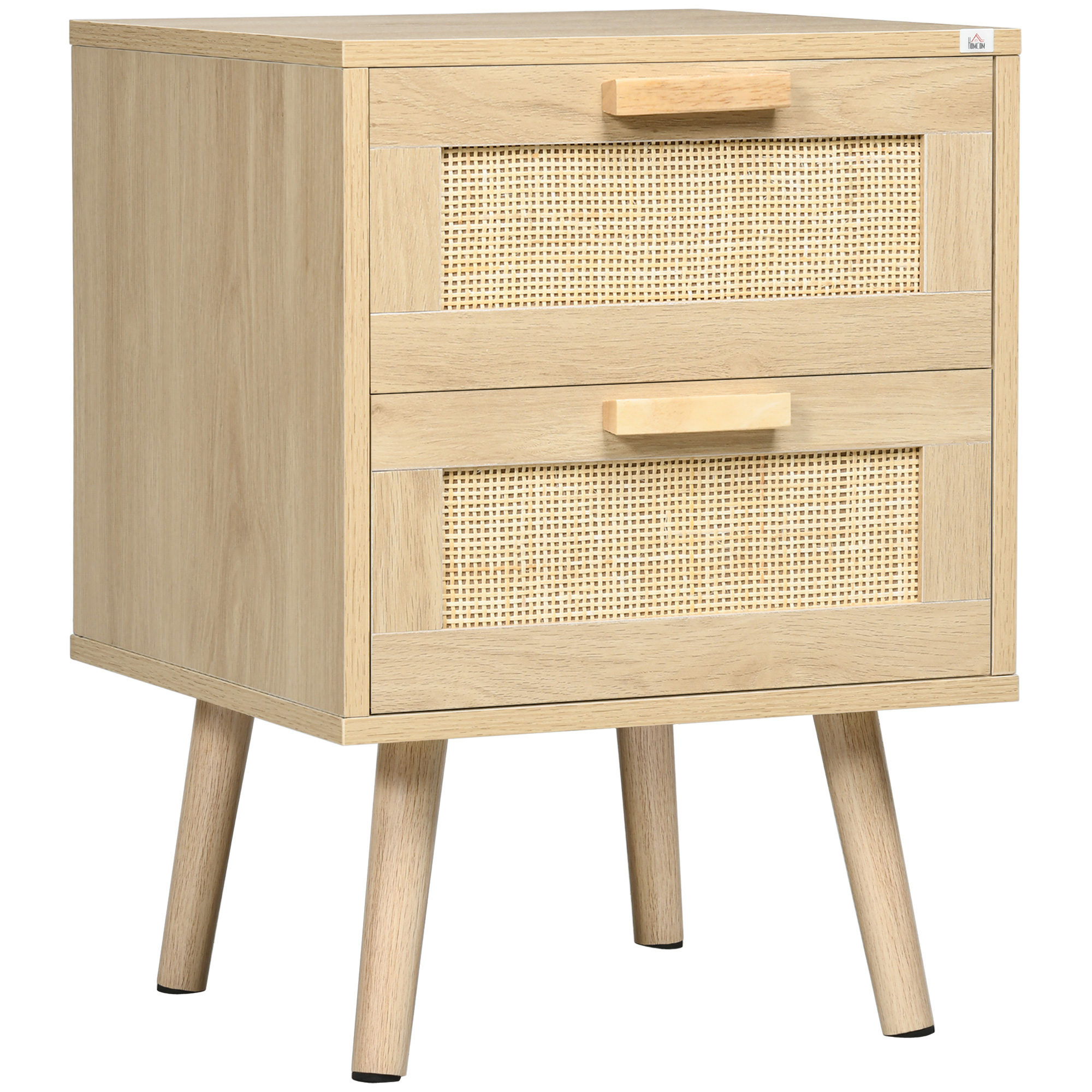 HOMCOM Mesita de Noche de Diseño Boho Mesilla de Noche con 2 Cajones de Rejilla y Patas de Madera para Salón Dormitorio 40x40x56 cm Natural