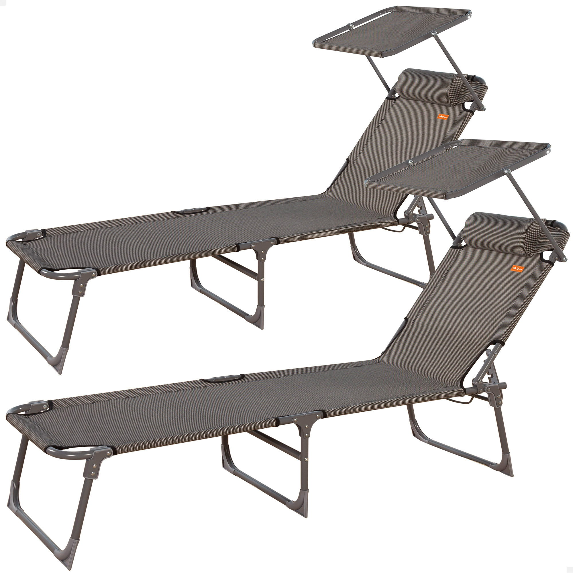 Aktive - Pack 2 tumbonas plegables con parasol, color gris, con topes antivuelco, reclinable 3 posiciones, de acero y textileno, medidas 193x53x30 cm, estructura acero, material textileno, peso máx. soportado 110 kg, accesorios verano