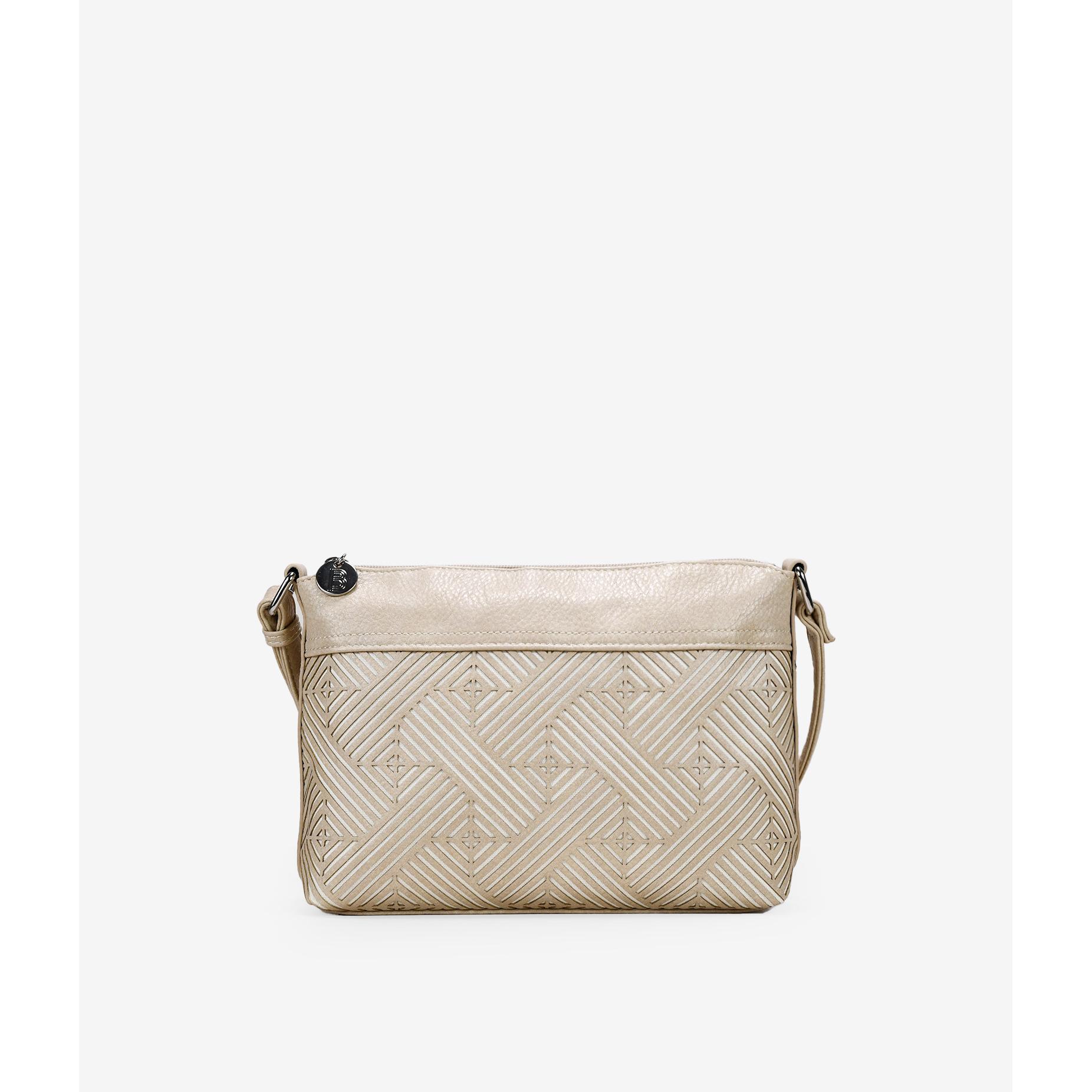 Bosanova Bolso bandolera para mujer en color beige con detalle de diseño laser, asa de cruzar regulable y bolsillo trasero con cremallera. Cierre con cremallera.