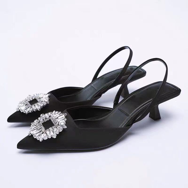 TK ZA nuevo Zapatos de mujer de Primavera y Verano con diamantes de Imitación Verdes, Zapatos de Boda de temperamento de moda, Mulas de Hada con Punta, Zapatos de Tacón alto, sandalias individuales.