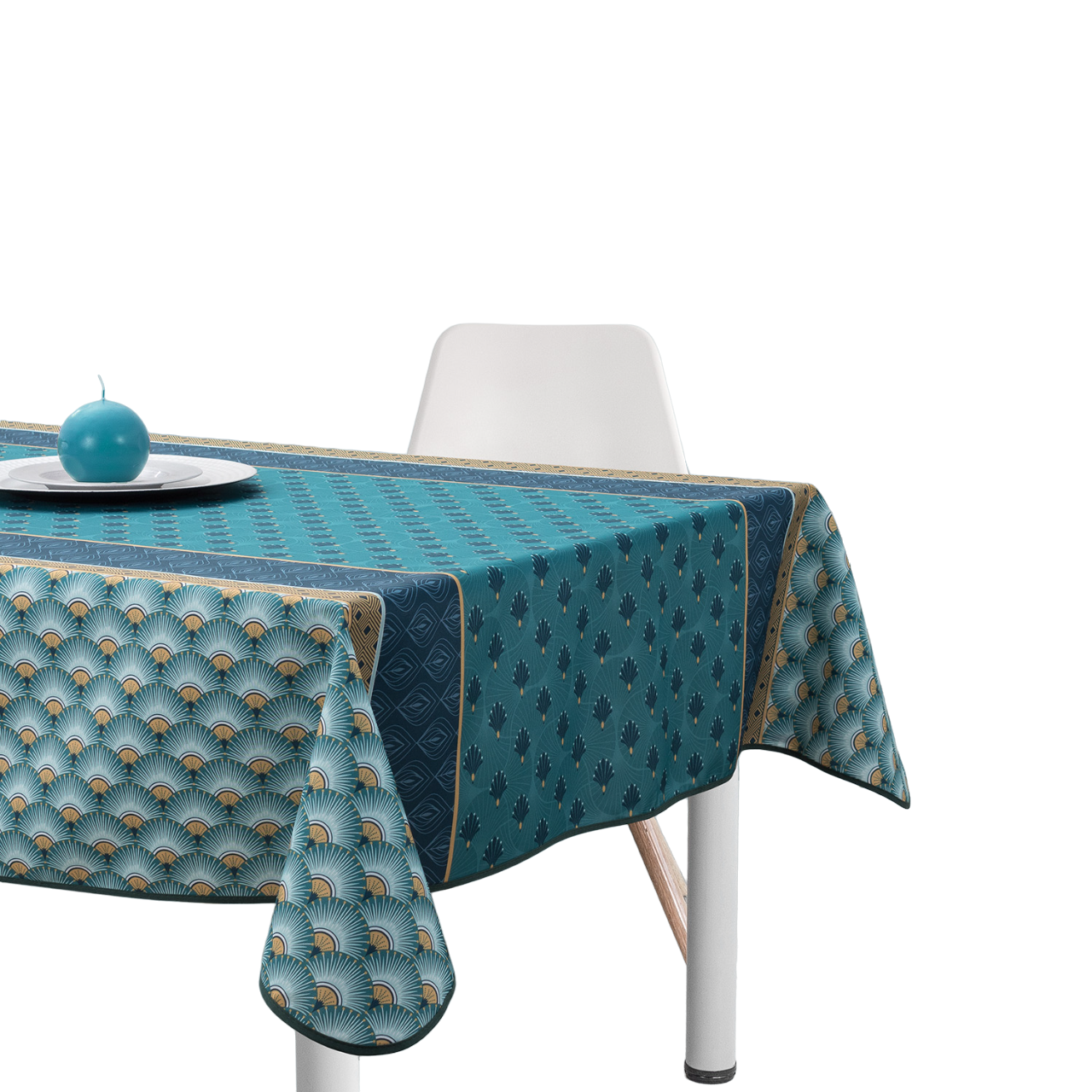 Mantel ARTEMANTEL Antimanchas CONCHAS CYAN de Poliéster para Mesa Rectangular o Redonda - Elegancia y Practicidad