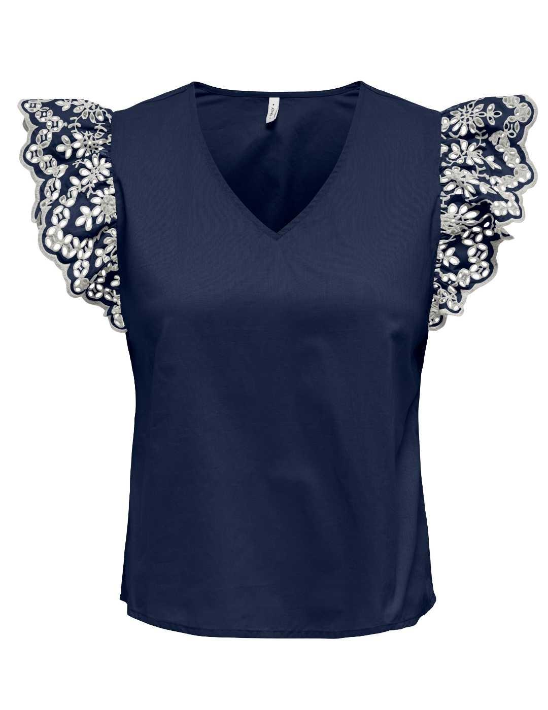 Camiseta Only Lou troquelada marino con volantes para mujer