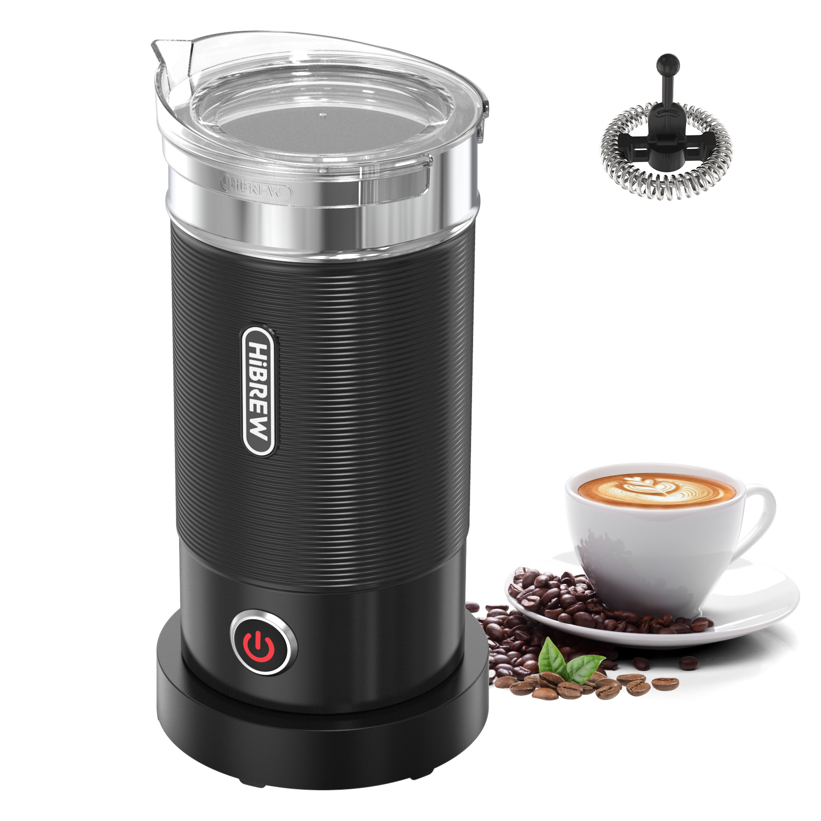 HiBREW M1A,Milk Frothers,One-Click operation,Auto Shut-off,Hot and cold,Non-stick coating,Large Capacity,ABS shell easy to hold,Retractable power cord,Detachable transparent angled jug spout