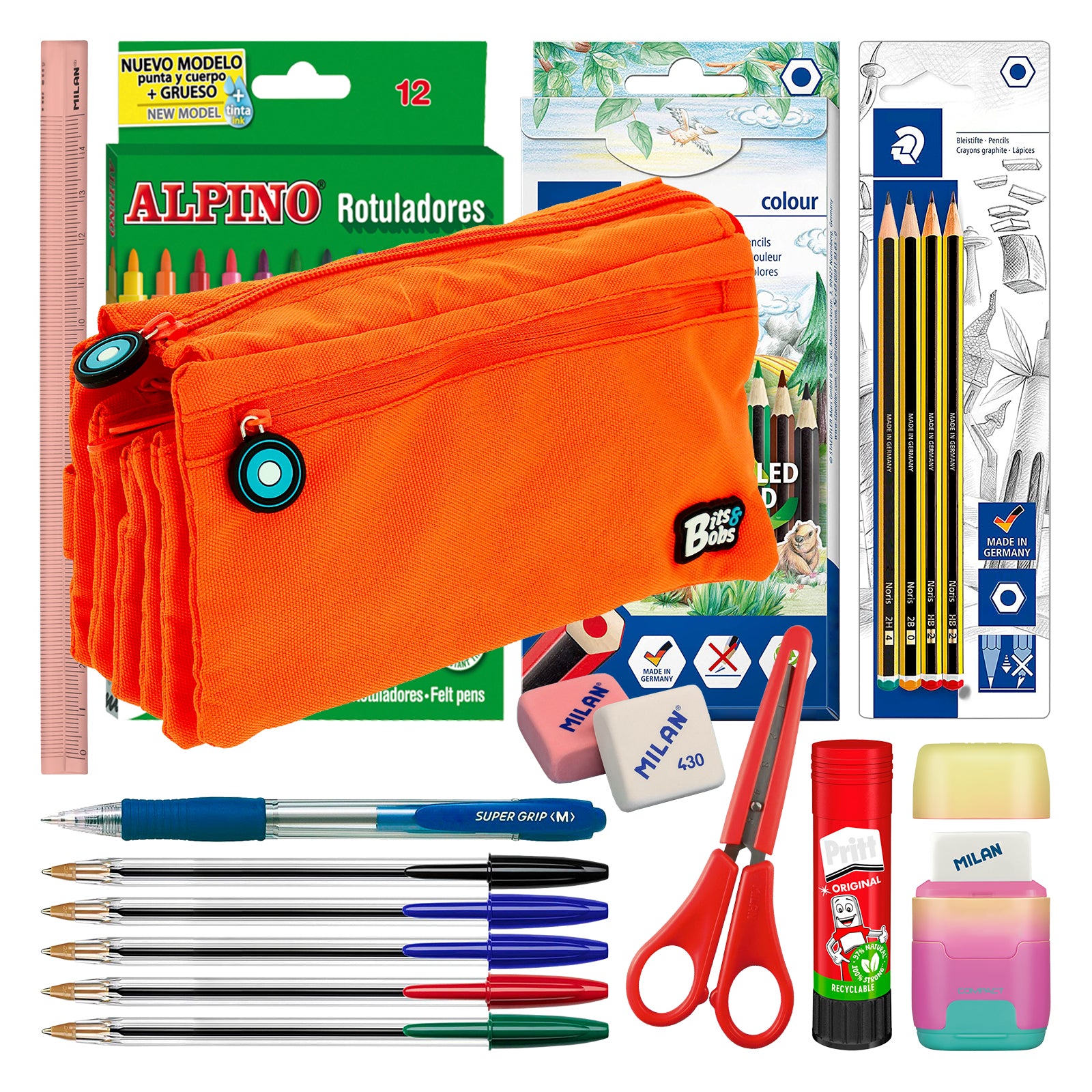 ColePack BitsBobs - Estuche Escolar Cuádruple de 4 Cremalleras y Material Incluido. Naranja