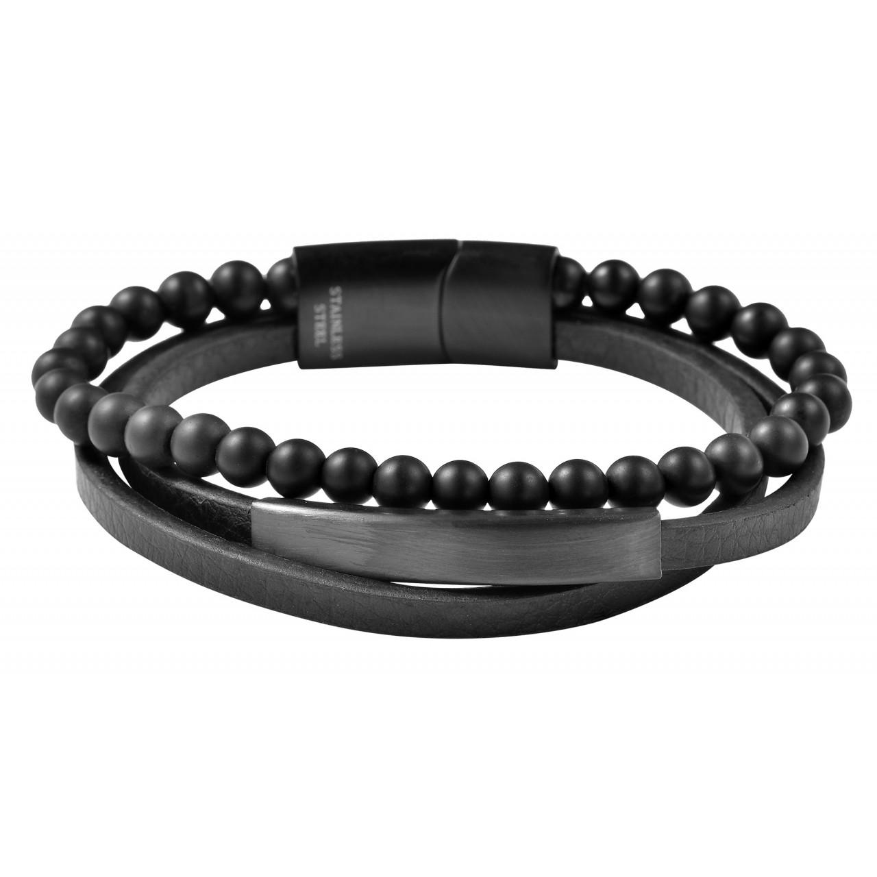 Akzent® Pulsera "Seza" em Pele Genuína e Pedras Ónix - 0318