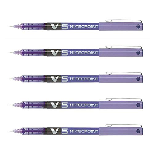 Pilot Hi-Tecpoint V5 - Lote de 5 bolígrafos roller (tinta líquida, punta fina, color morado