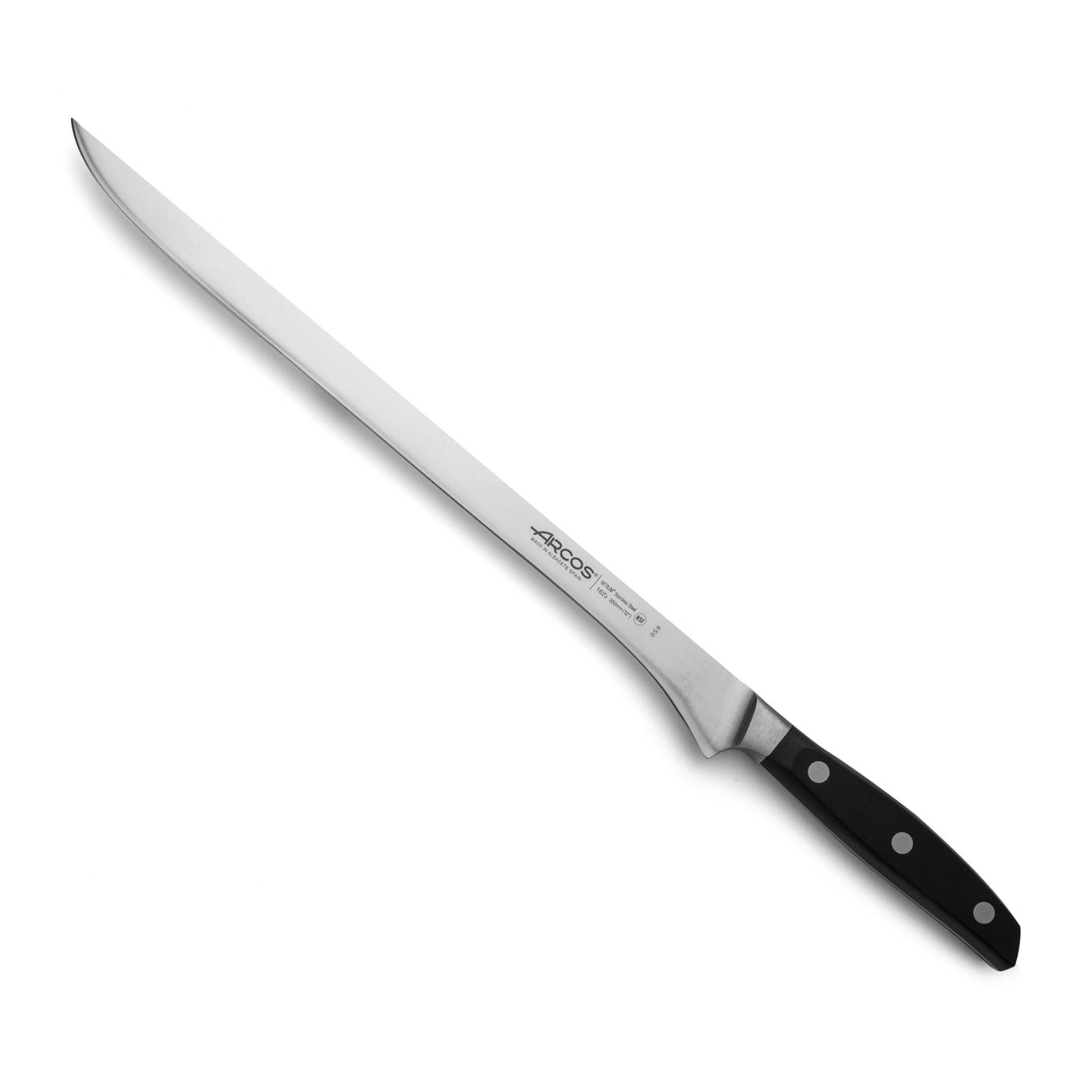 Arcos Cuchillo Jamonero Profesional en Acero Inoxidable, Ideal para Jamón y Carne - Hoja Silk Edge 300 mm, Mango Ergonómico POM Negro, Corte Preciso y Duradero, Serie Manhattan