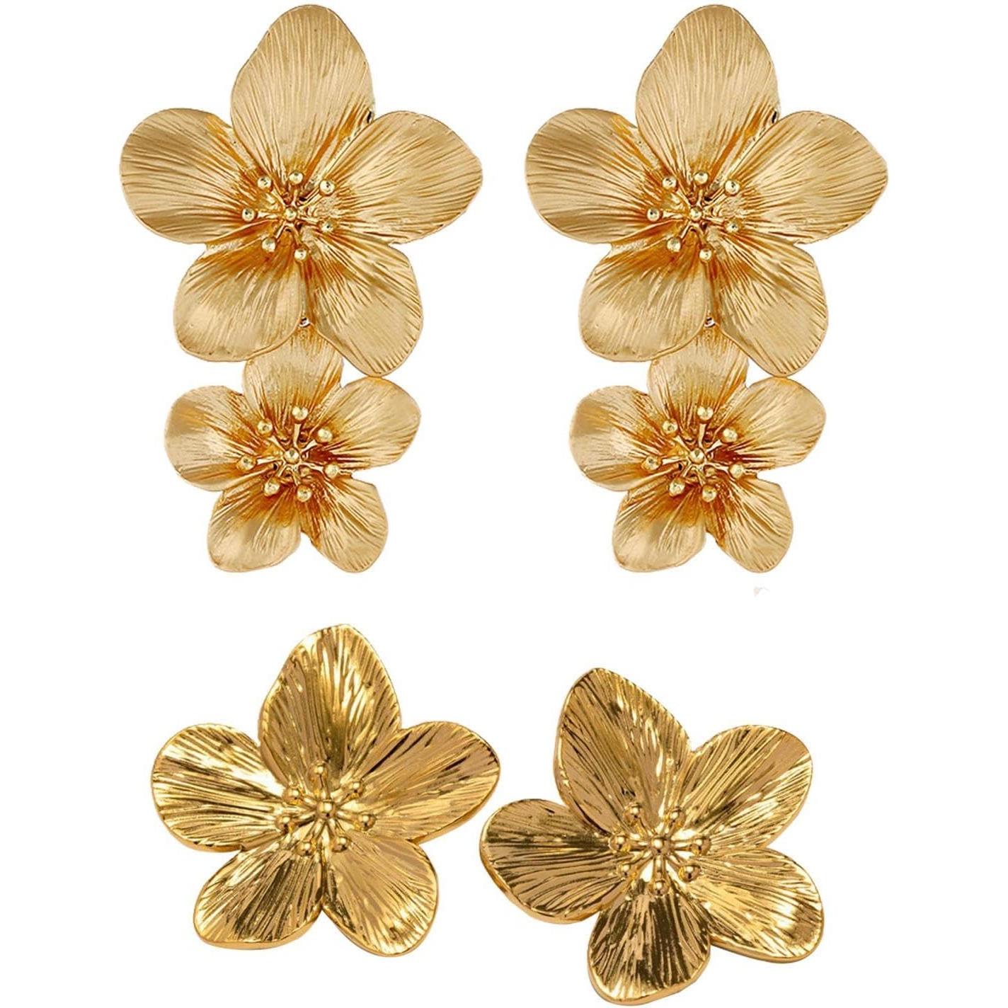 2 pares de aretes de pétalos, aretes de flores, aretes colgantes de oro, aretes florales de borla, aretes para mujer, aretes colgantes grandes, aretes de flores bohemias