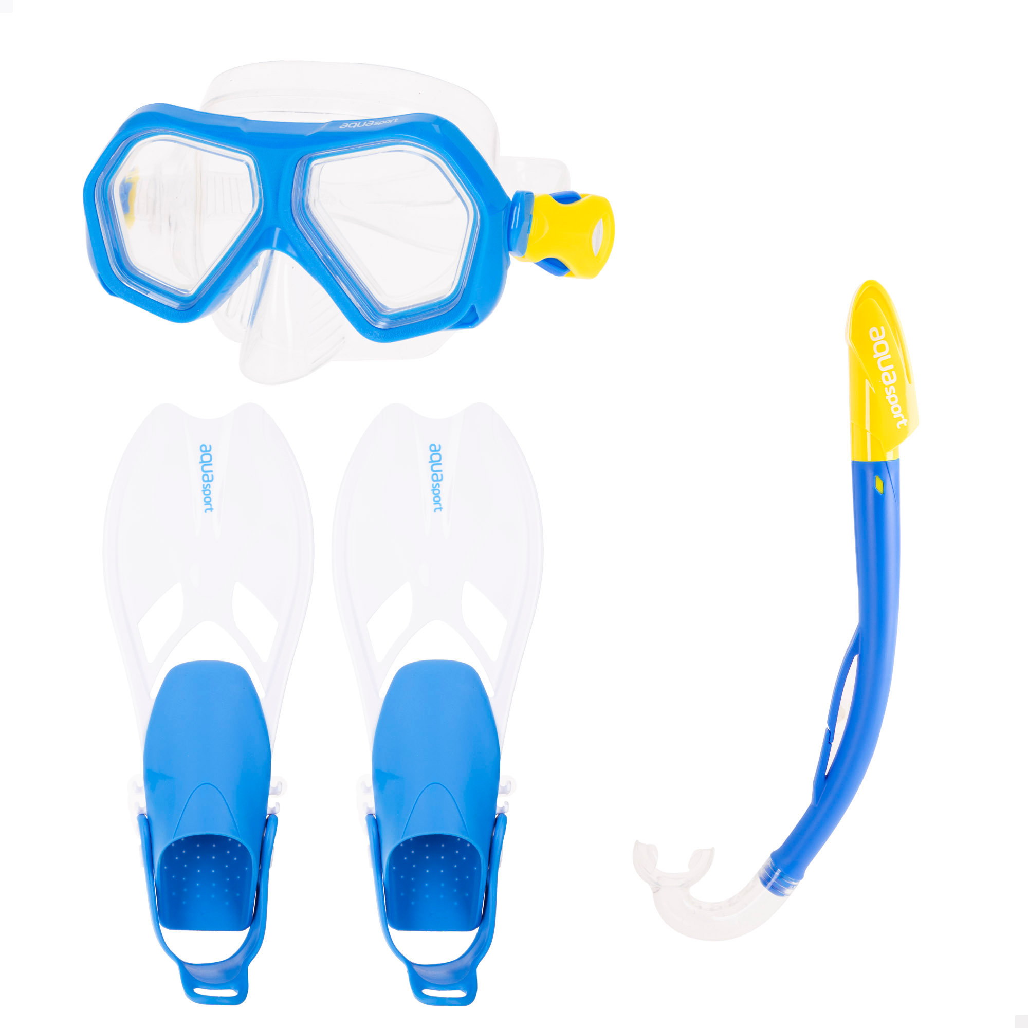 Aqua Sport - Gafas buceo y aletas niño, máscara antigotas, fácil ajuste, Látex free, aleta ajustable 27-31, tubo con protección contra salpicaduras, lentes policarbonato, snorkel niños