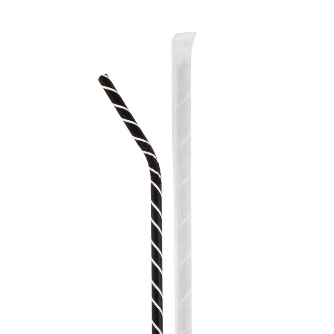 MONOUSO | Pajita Flexible Papel Negra Rayas Blancas Enfundada Ø6mm 21cm (100 Uds)