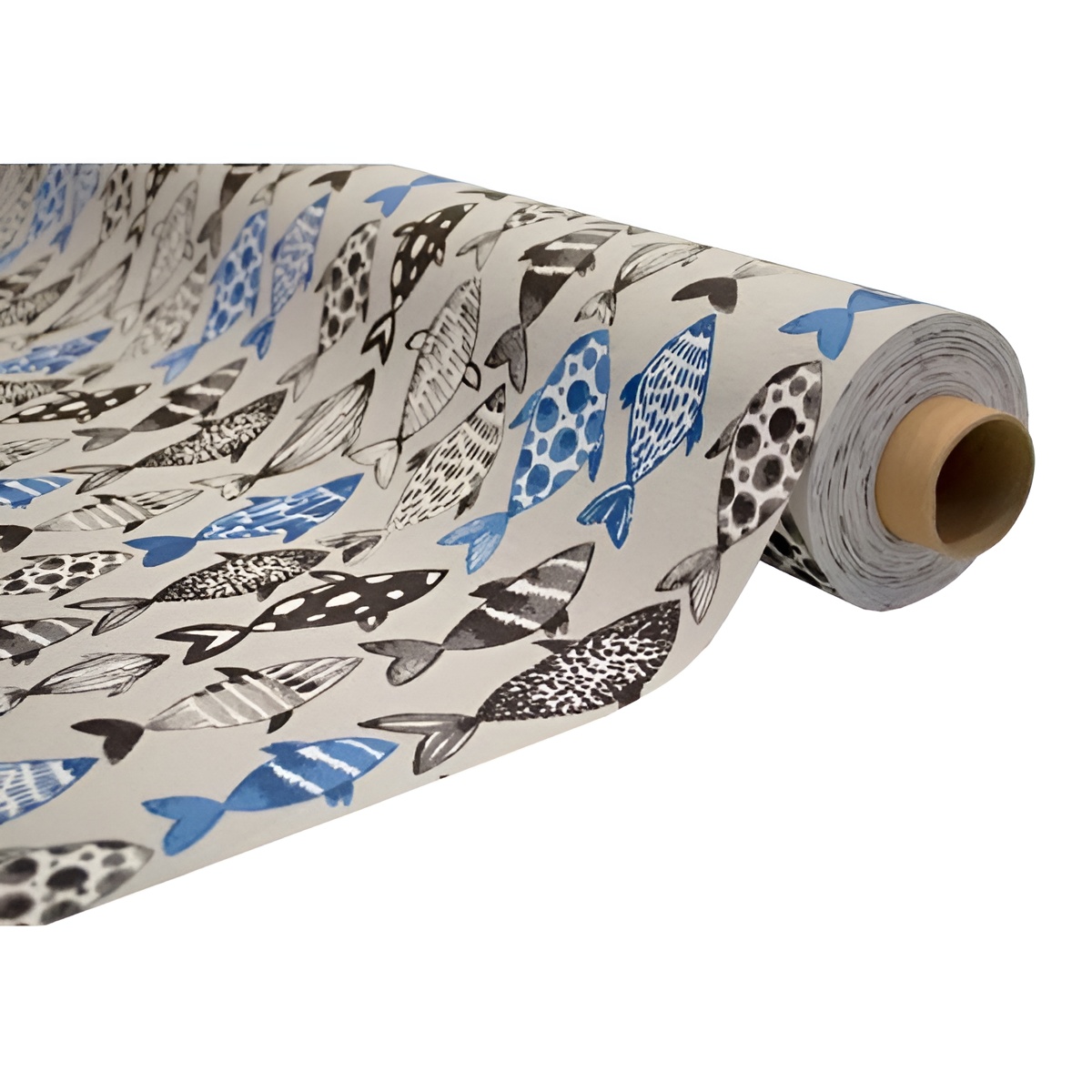 Mantel Hulehule Tex - Tela Resinada Poussin con Estampado de Peces Azules y Negros Antimanchas y Fácil de Limpiar
