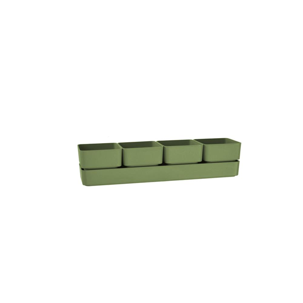 Jarrón TERA de elegante diseño Sierra, compuesto por 4 jarrones cuadrados y un platillo, dimensiones 48x12x11 cm h, maceta resistente a los rayos UV para plántulas y suculentas.