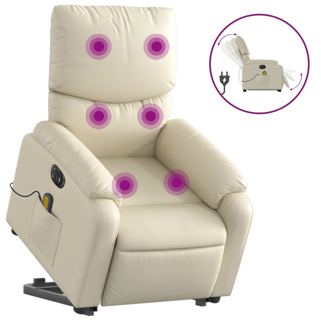 vidaXL Sillón de masaje elevable eléctrico cuero sintético crema
